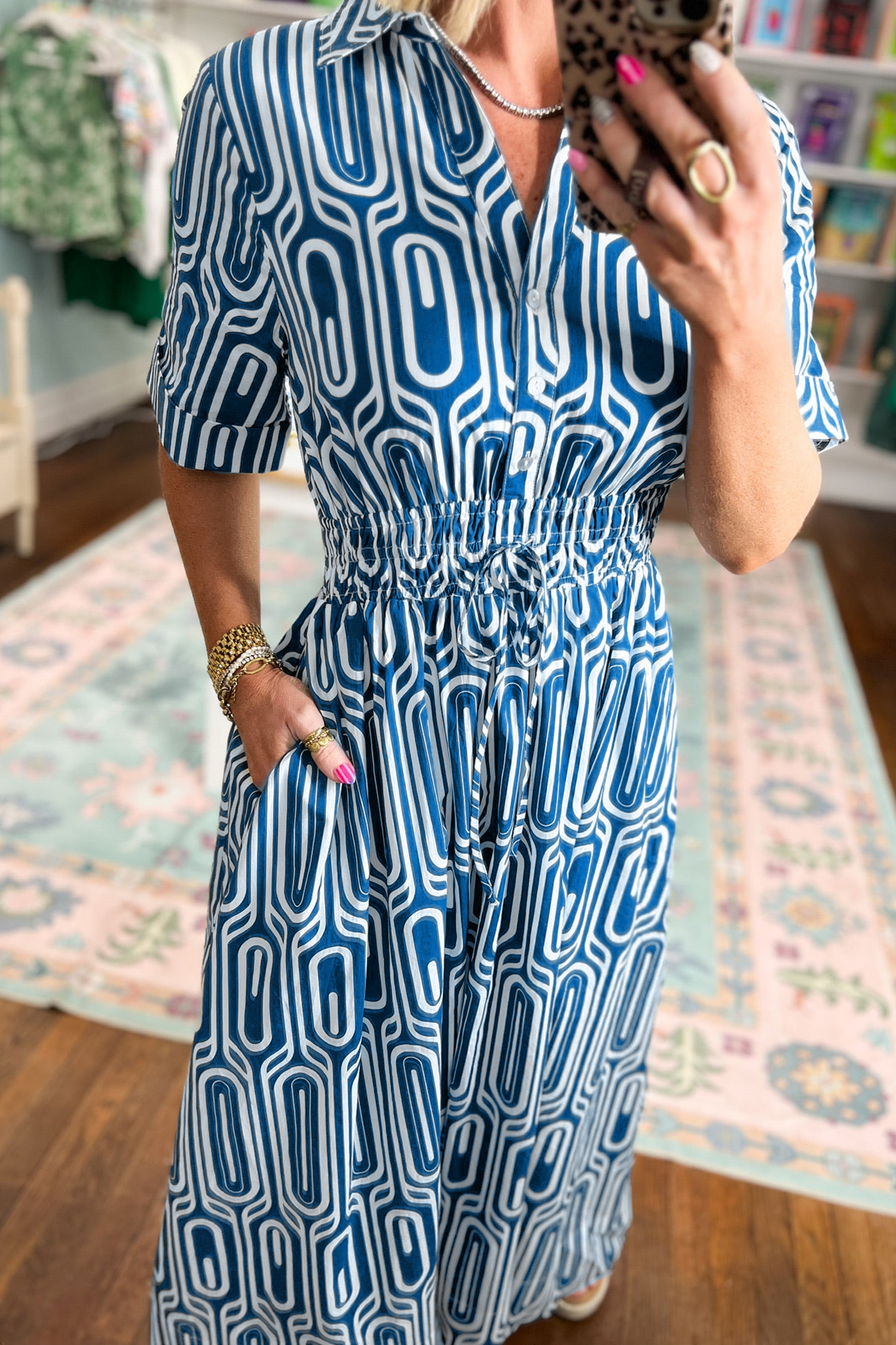 Women's Blue Geometric Print A-Line Midi Dress with Pockets - Detail View 7