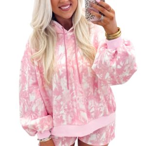 Women's Pink Abstract Hoodie & Shorts Set – Casual Lounge Wear - Main View