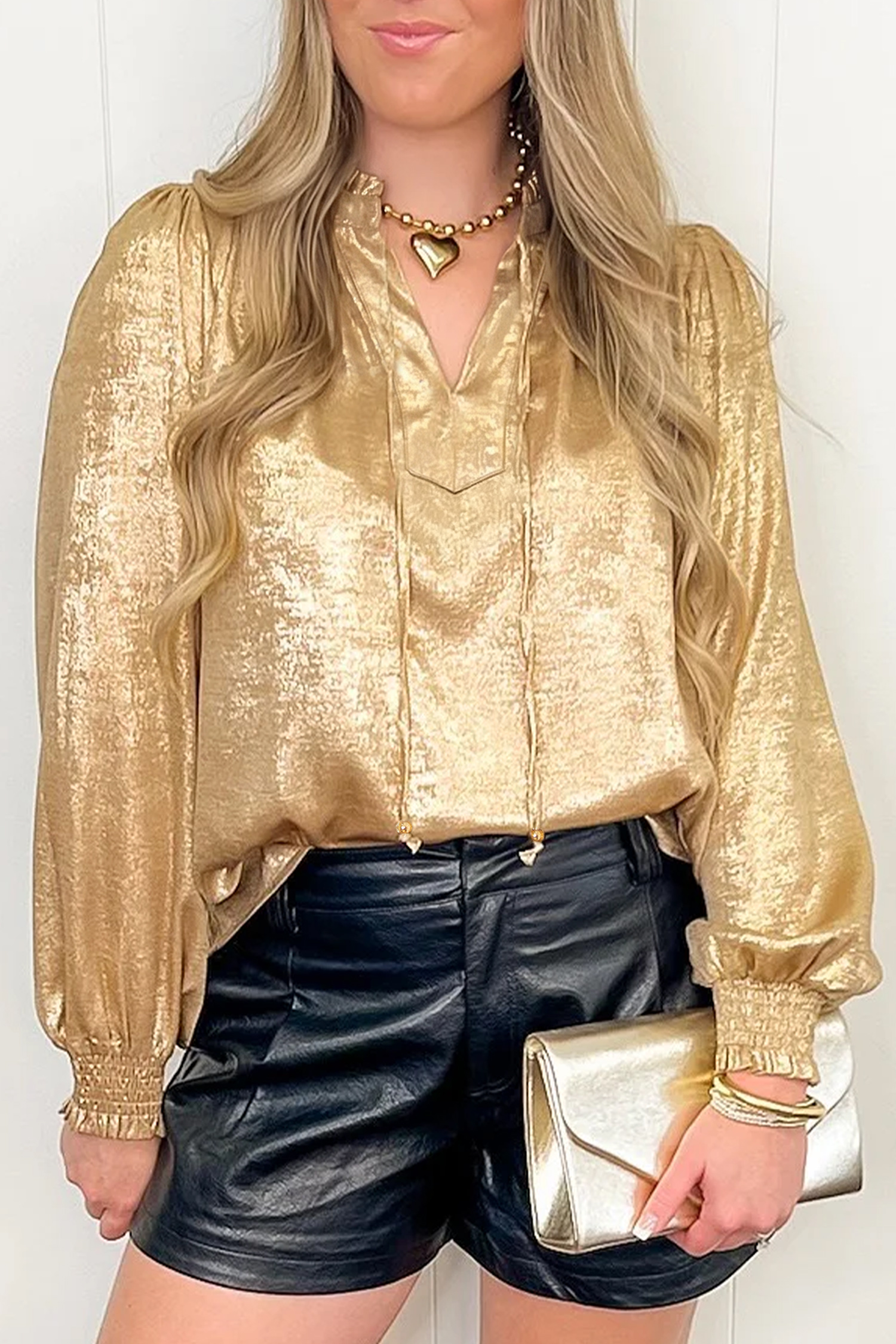Gold Metallic Blouse, Fall Party Long Sleeve Shirt - Detail View 3