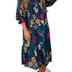 Women's Blue Floral Midi Dress – Casual Smocked A-Line - Main View