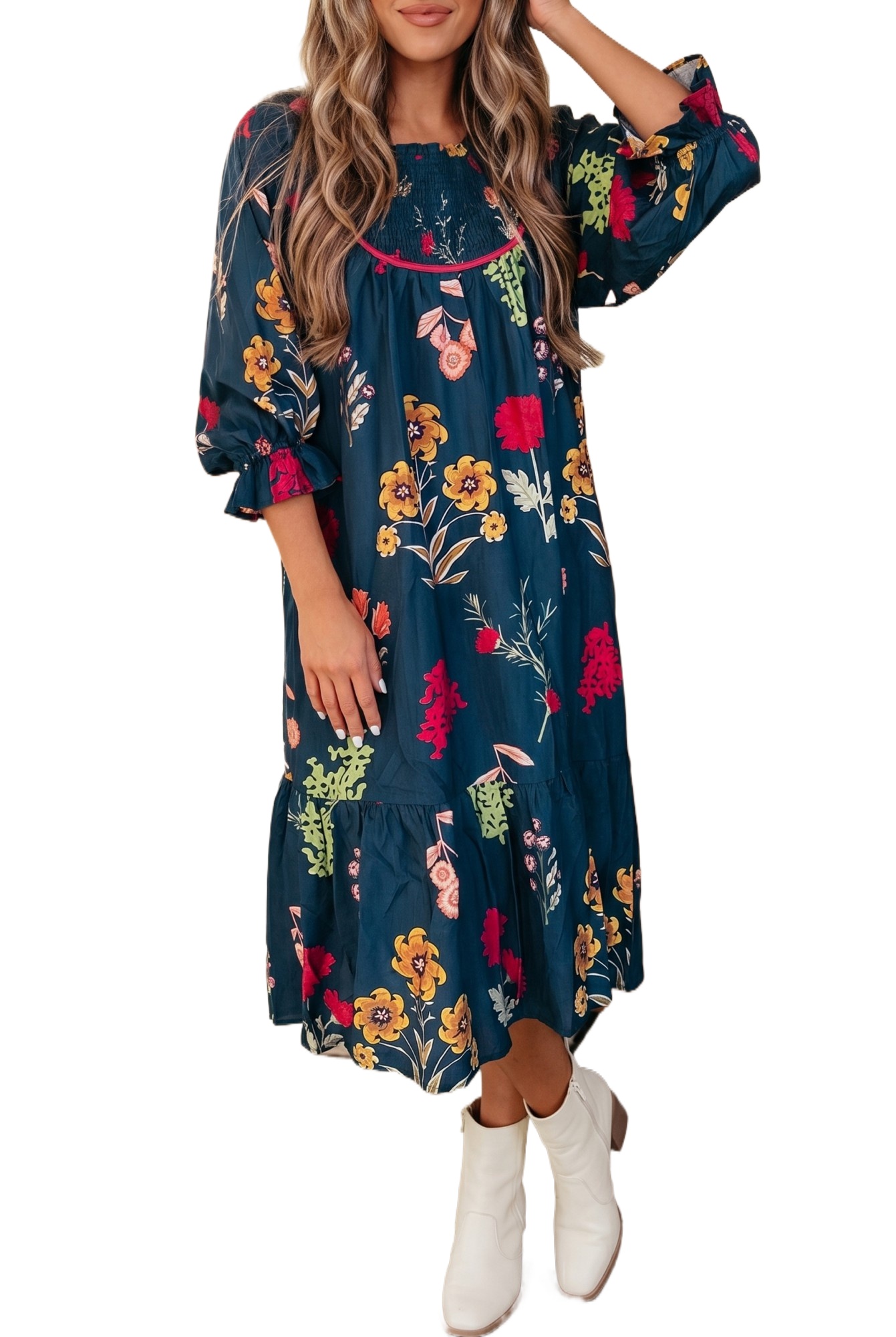 Women's Blue Floral Midi Dress – Casual Smocked A-Line - Main View