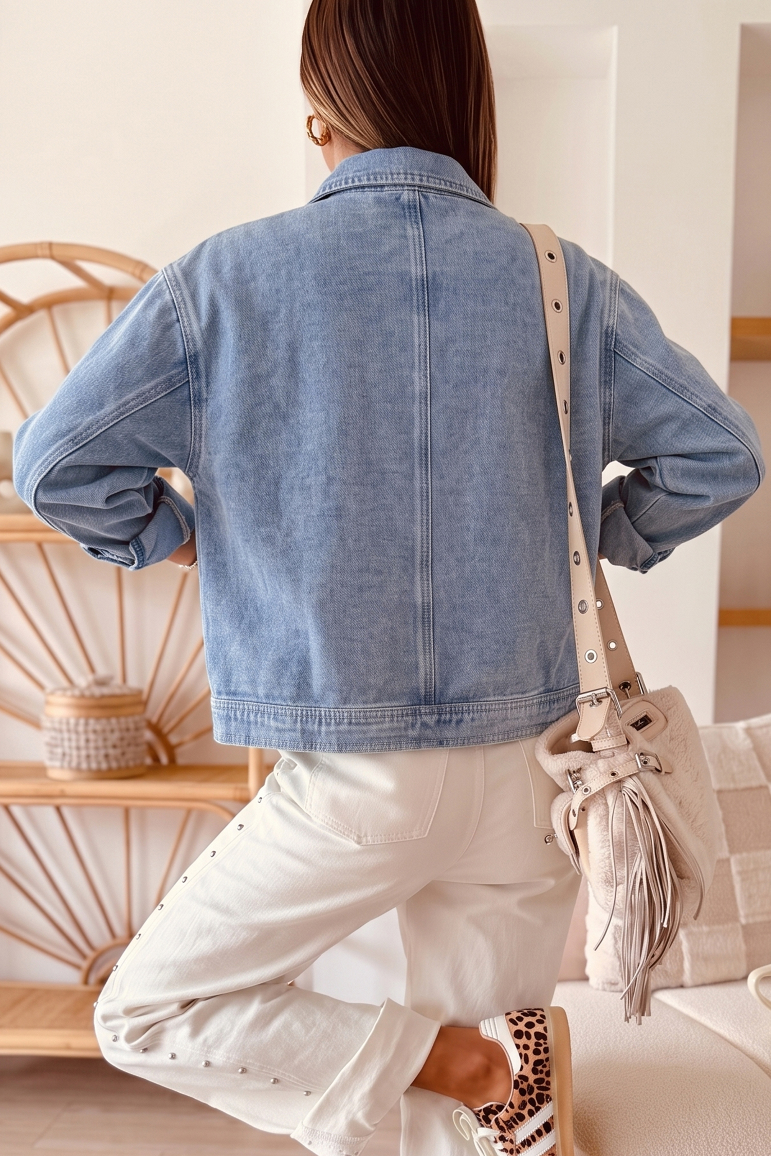 Pearl Studded Denim Jacket, Casual Long Sleeve Fall Layer - Detail View 5