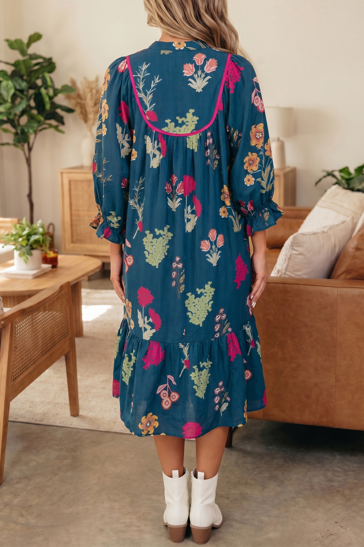 Women's Fall Floral Midi Dress – Casual 7/8 Sleeve Dress - Detail View 2