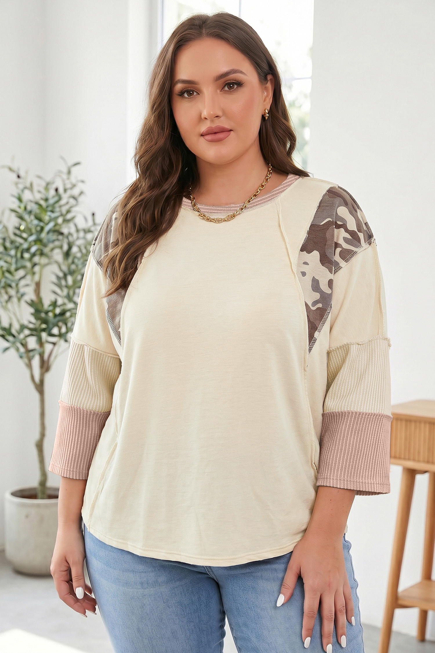 Casual Apricot Camo Top for Women – Plus Size Fall Blouse - Detail View 3