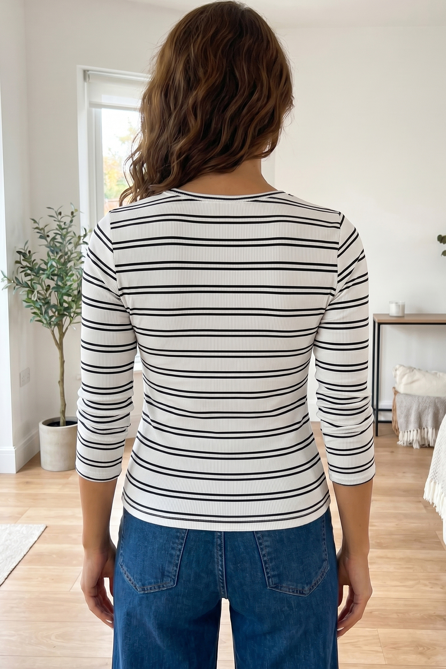 Women's Long Sleeve Striped Knit Top – Fall Ribbed Tee Shirt - Detail View 2