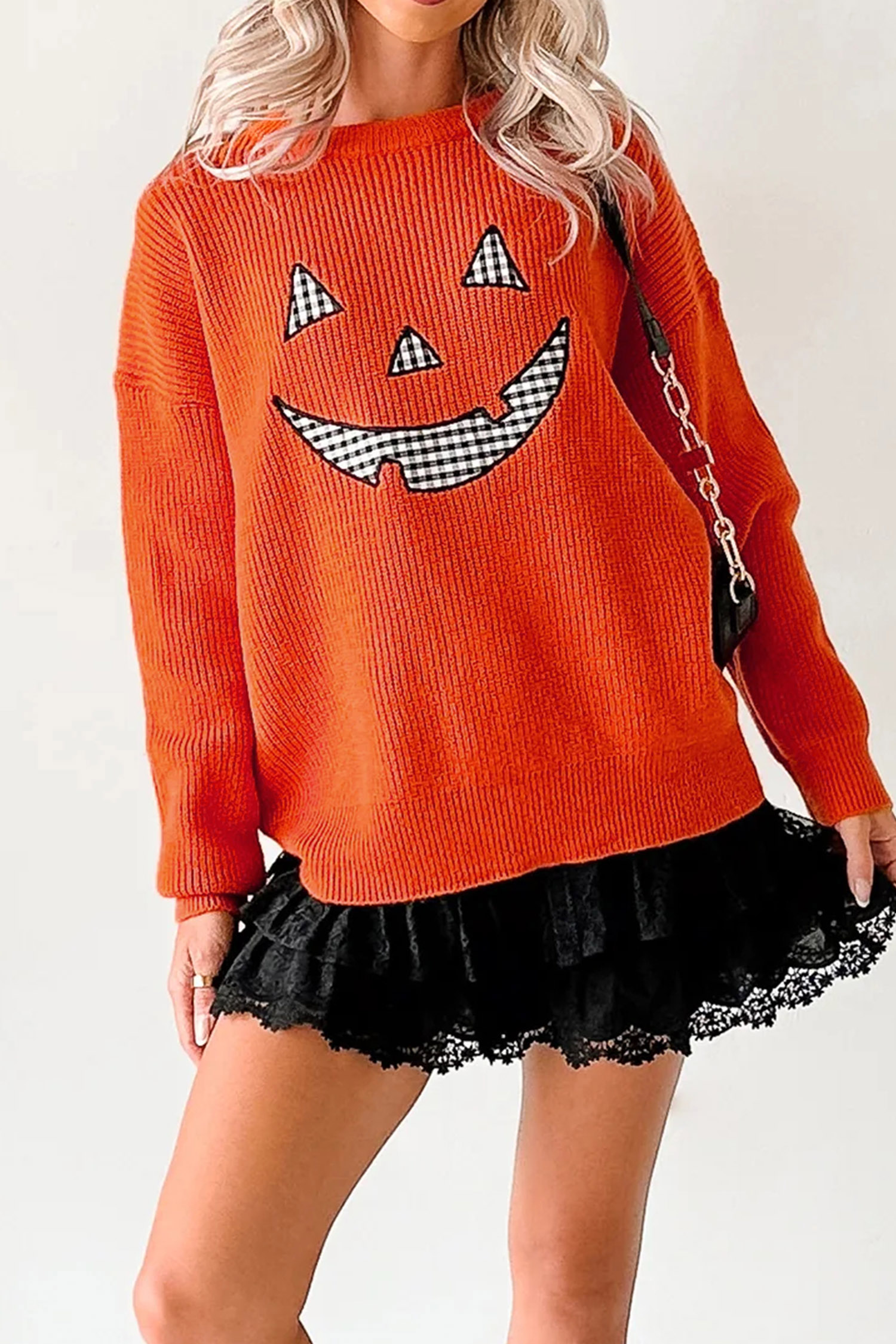 Women's Orange Sweater, Soft Drop Shoulder Fall Knitwear - Detail View 12