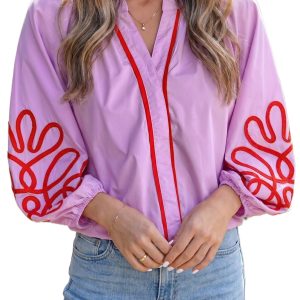 Women's Orchid Cotton Blouse, Embroidered Long Sleeve Top - Main View
