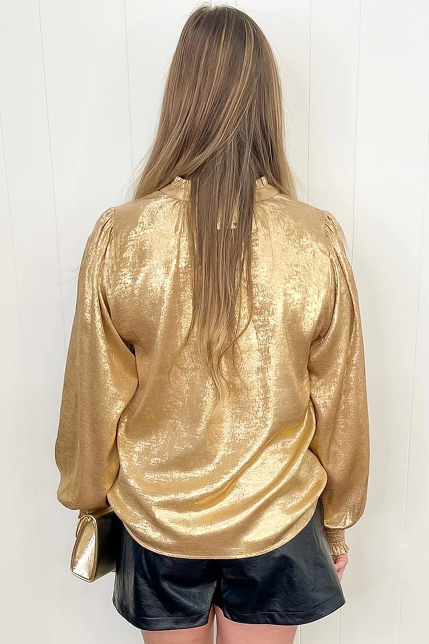 Gold Metallic Blouse, Fall Party Long Sleeve Shirt - Detail View 6