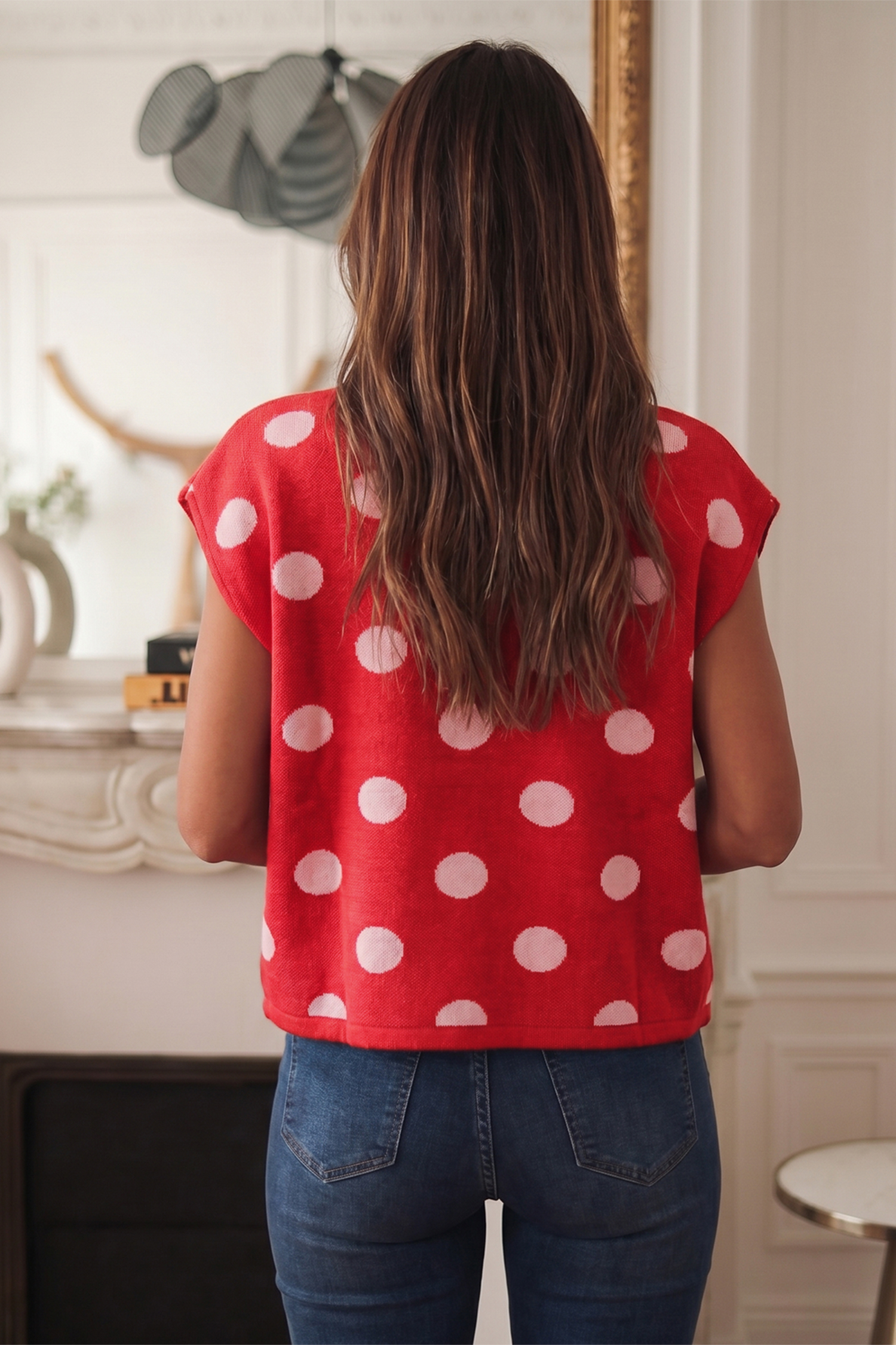 Red Sleeveless Button Down Vest, Soft Knit Fall Layering Top - Detail View 6