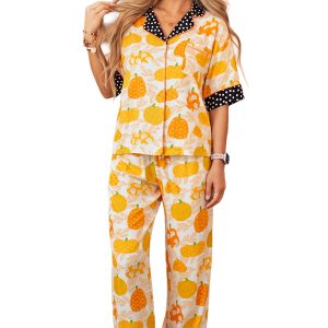 Women's Pumpkin Lounge Set, Casual Short Sleeve Pajamas - Main View