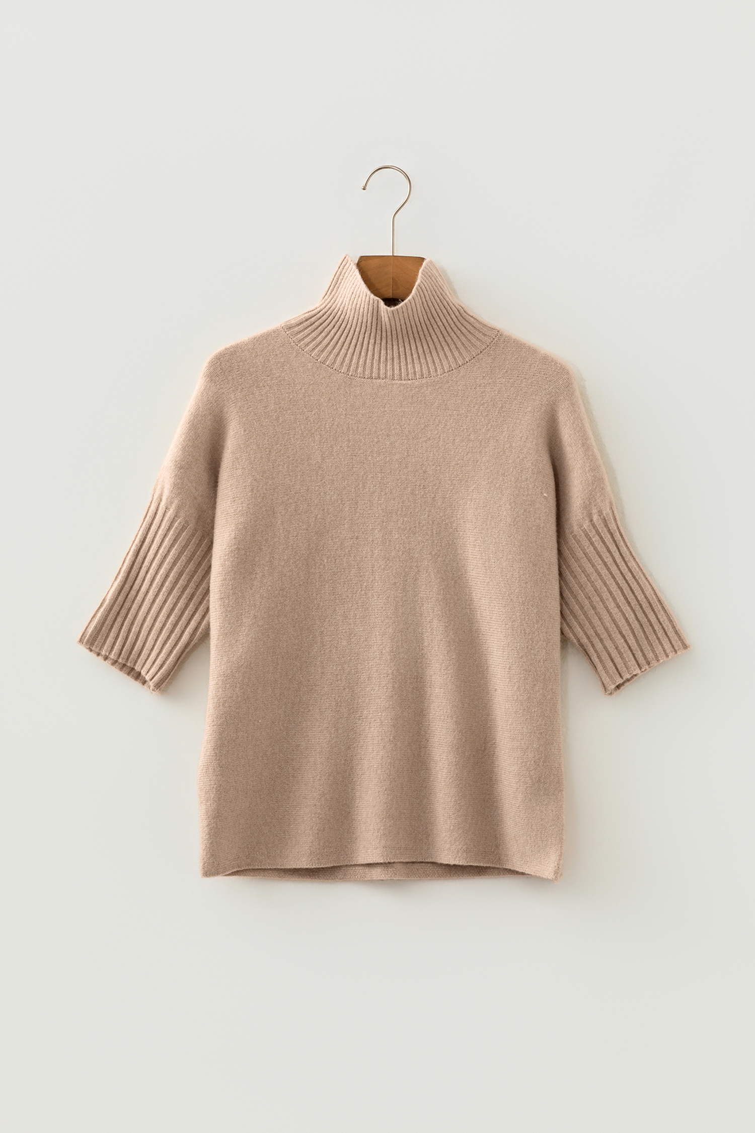 Women's Casual Ribbed Trim Mock Neck Sweater, Beige Top - Detail View 6