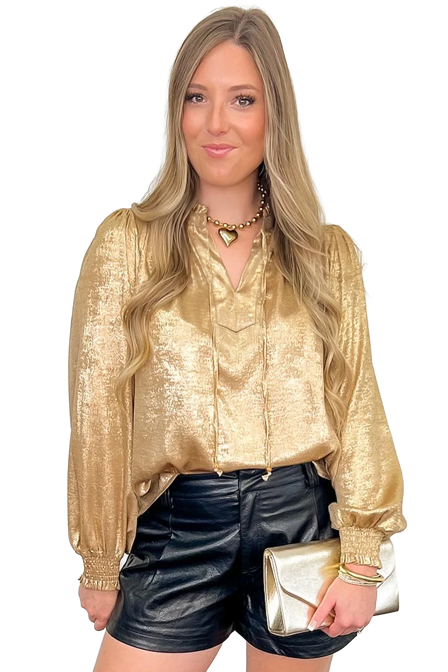 Gold Metallic Blouse, V Neck Casual Women Top - Main View