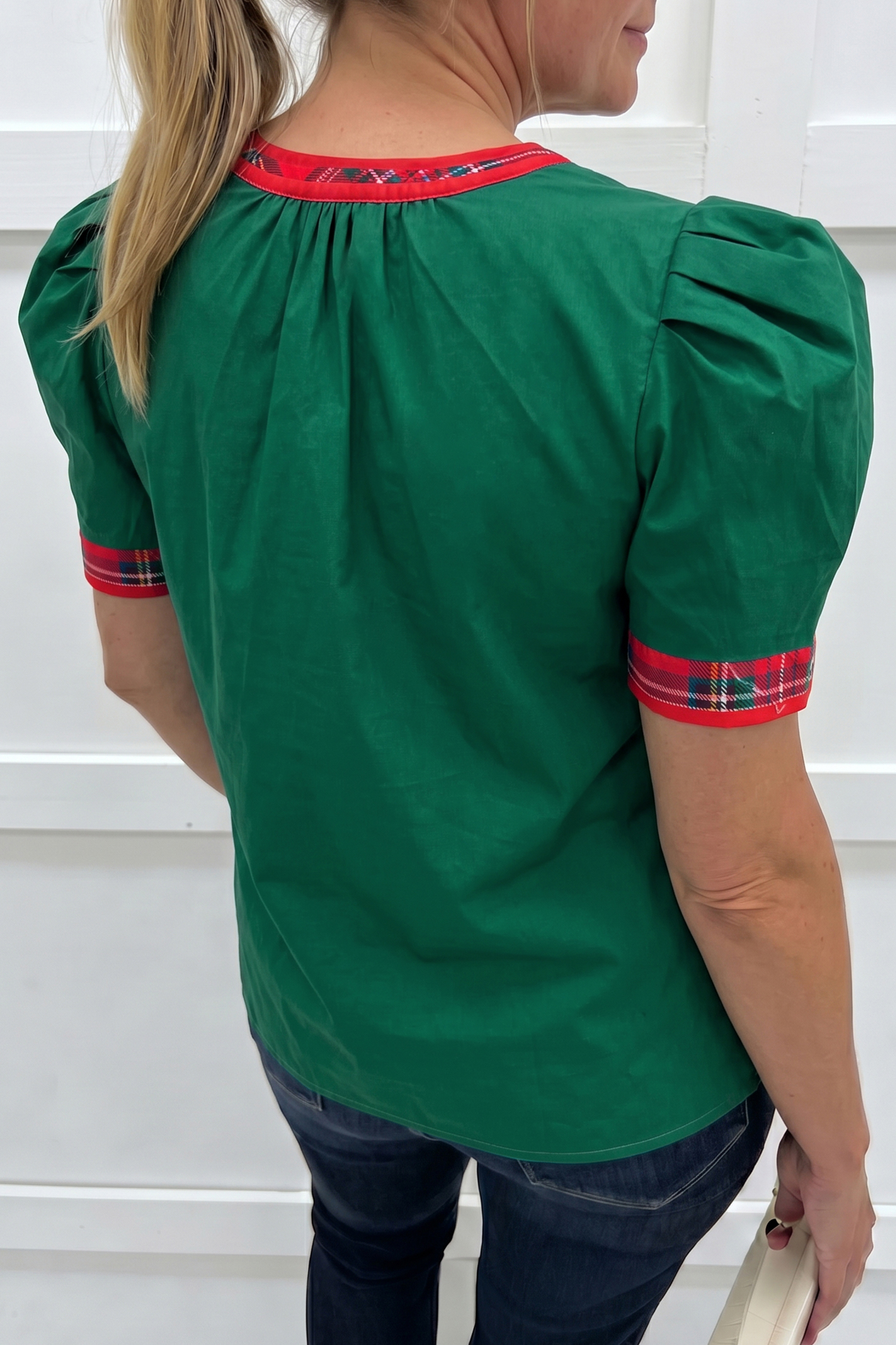 Women's Plaid Trim Blouse, Festive Notched V Neck Top - Detail View 2