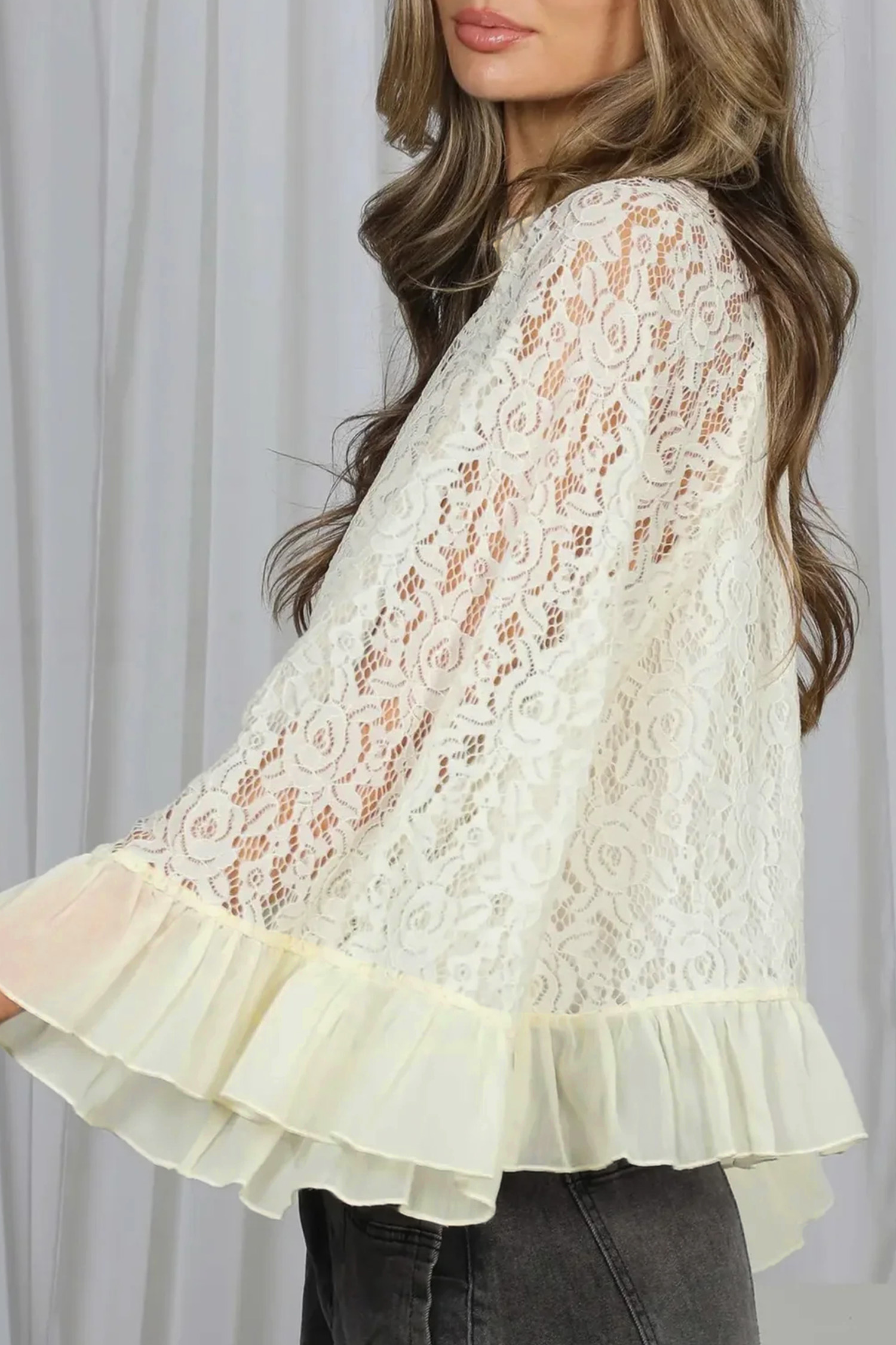 Women's Floral Lace Ruffle Blouse – Elegant White Top - Detail View 3