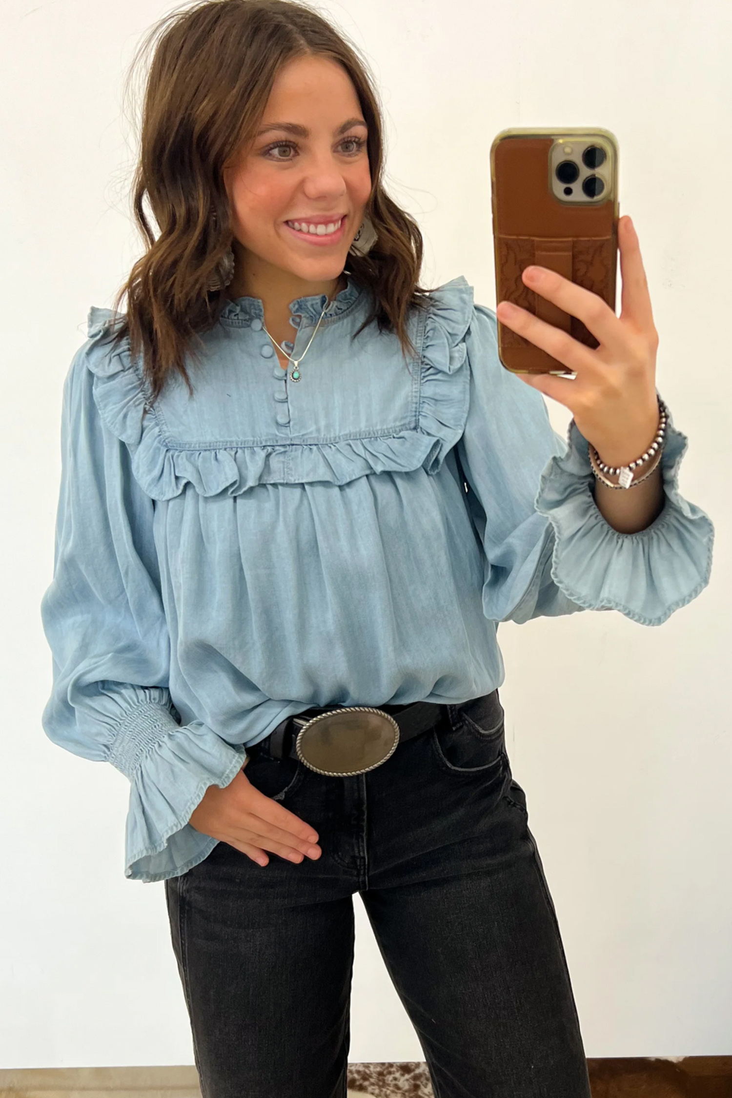 Women's Chambray Blouse, Western Ruffle V Neck Top - Detail View 7