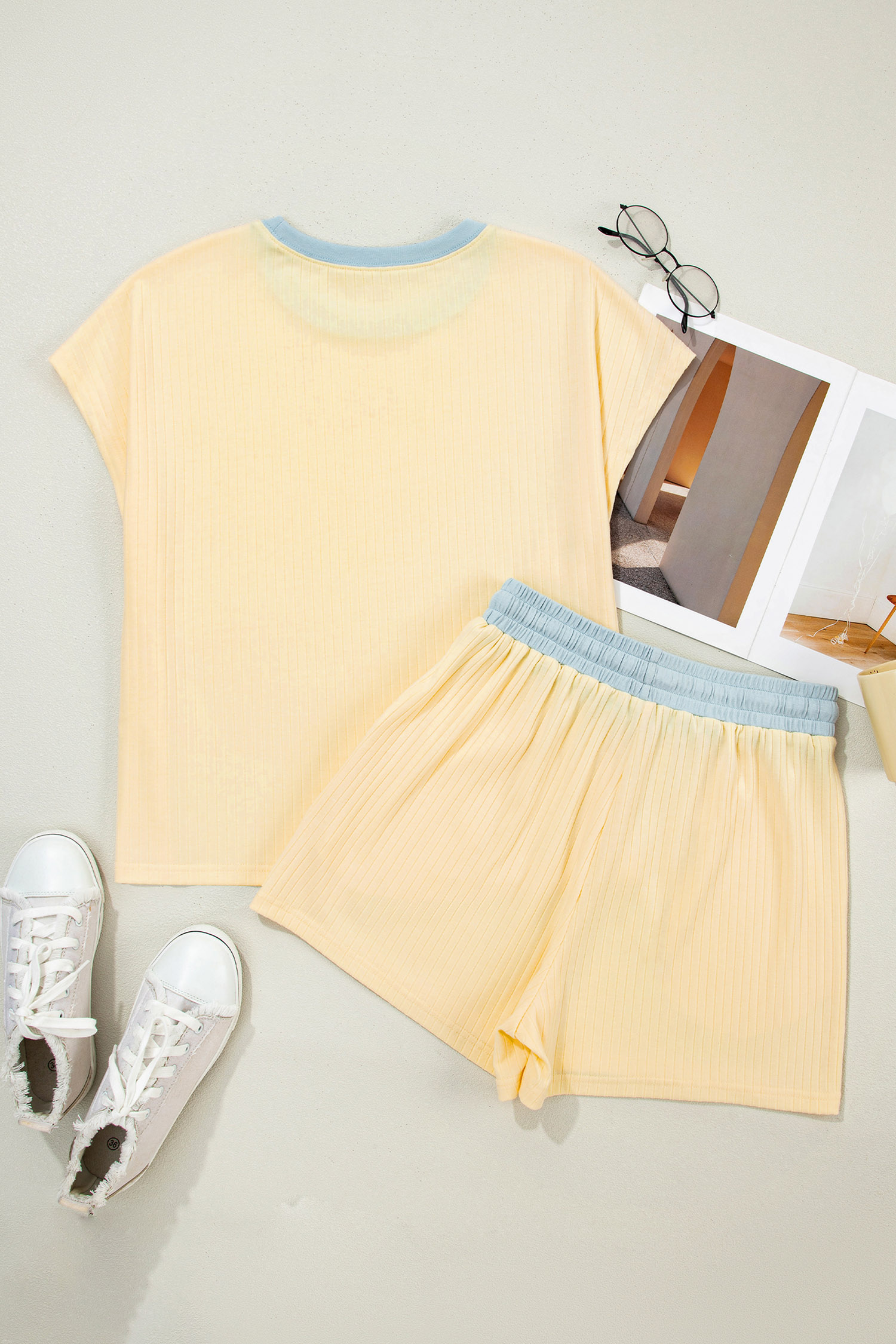 Women's Ribbed Short Set, Casual Yellow Lounge Set - Detail View 7
