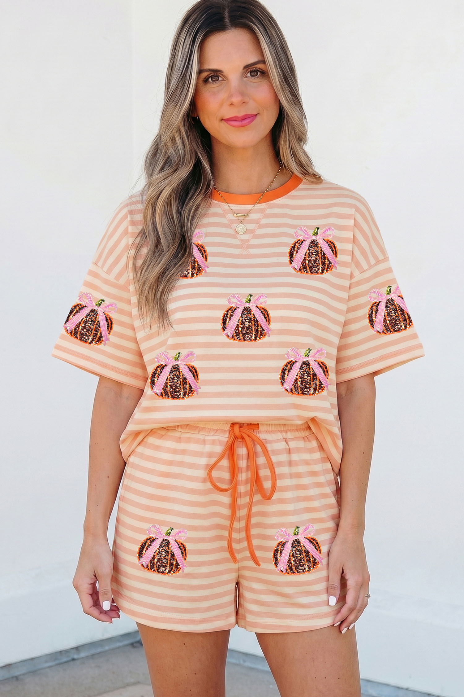 Pink Sequin Pumpkin Pajama Set, Trendy Women's Shorts - Detail View 5