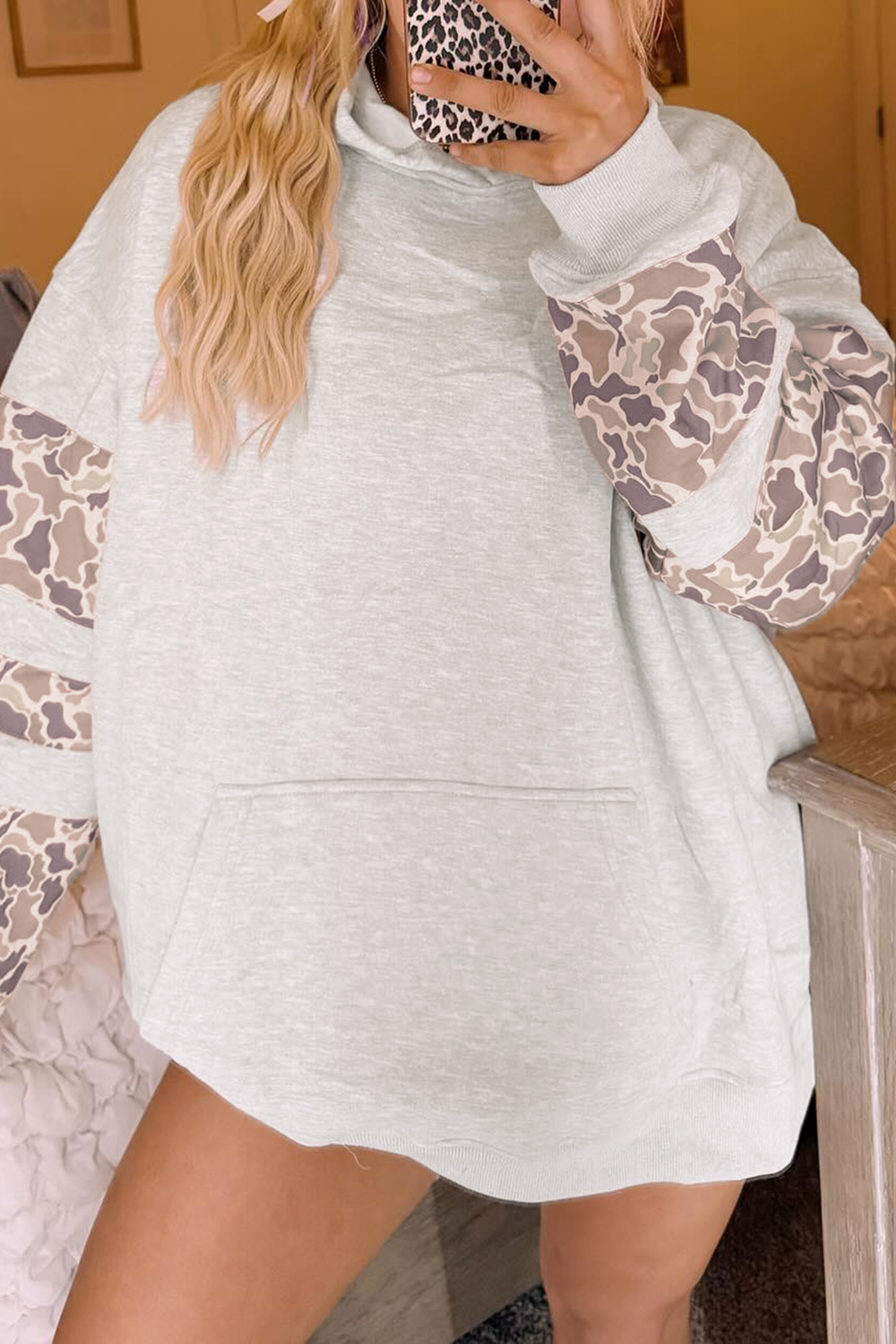 Colorblock Camouflage Pocket Hoodie, Cozy Women Pullover - Detail View 5