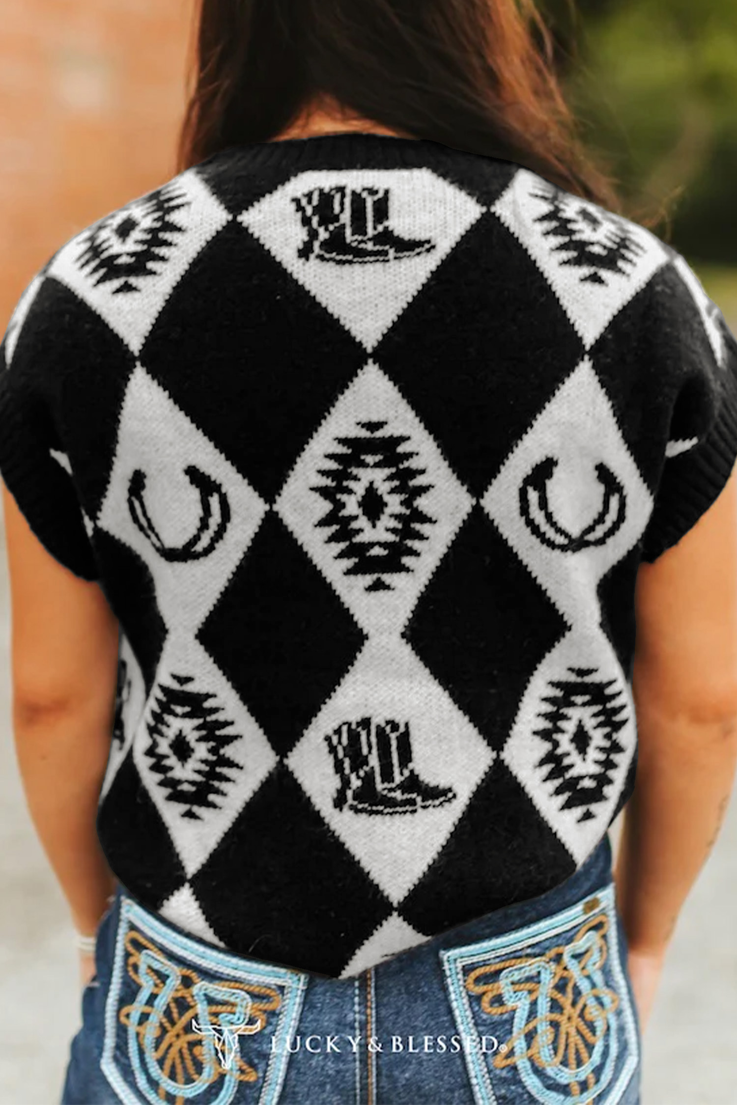 Retro Rhombus Western Sweater, Women's Short Sleeve Knit Top - Detail View 5