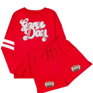 Women's Game Day Two Piece Set, Red Varsity Graphic Outfit - Main View