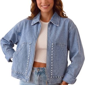 Women's Denim Jacket, Beau Blue Pearl Embellished Outerwear - Main View