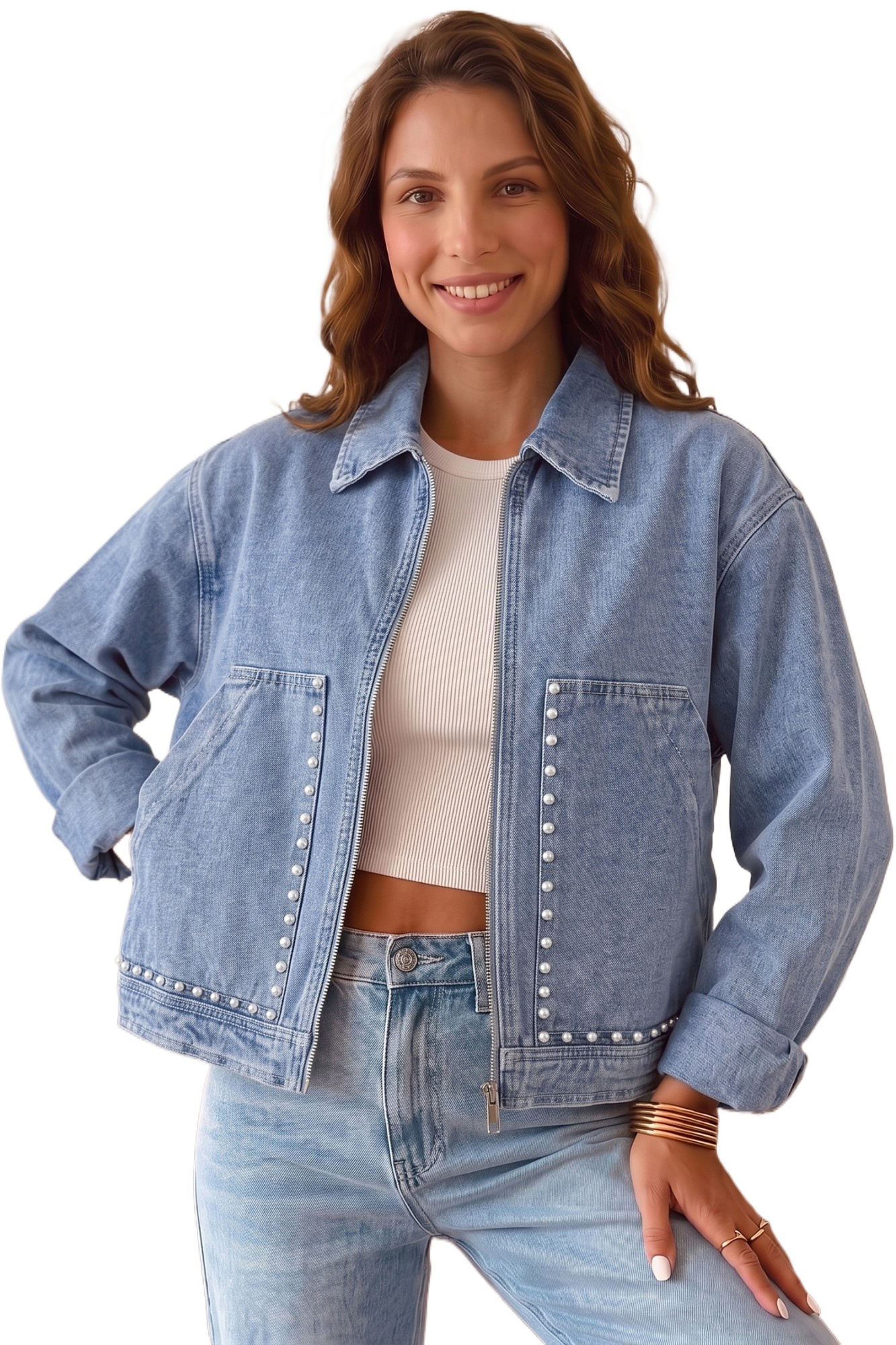 Women's Denim Jacket, Beau Blue Pearl Embellished Outerwear - Main View