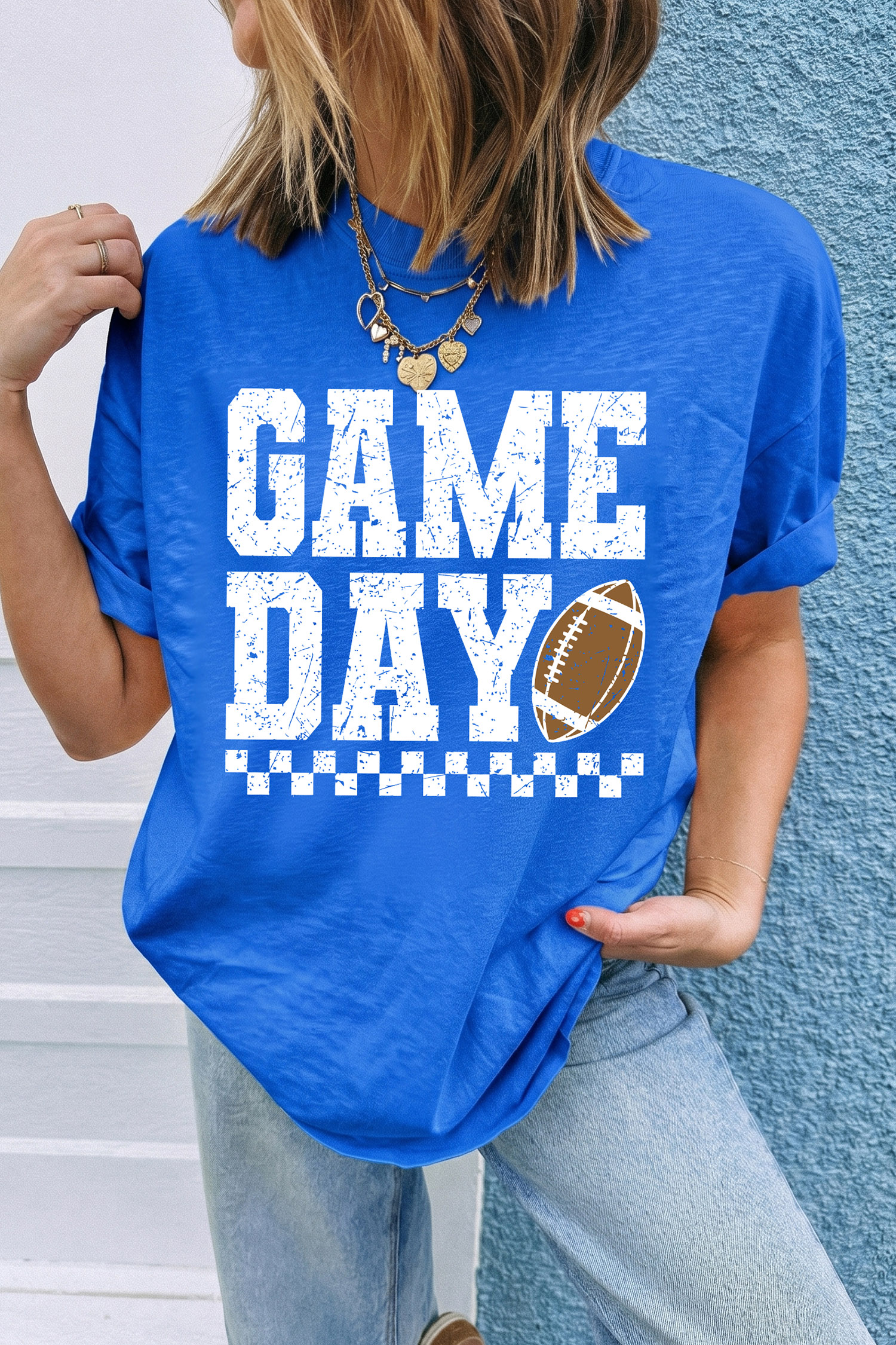 Blue Football Season Graphic Tee, Relaxed Crewneck Summer Top - Detail View 2