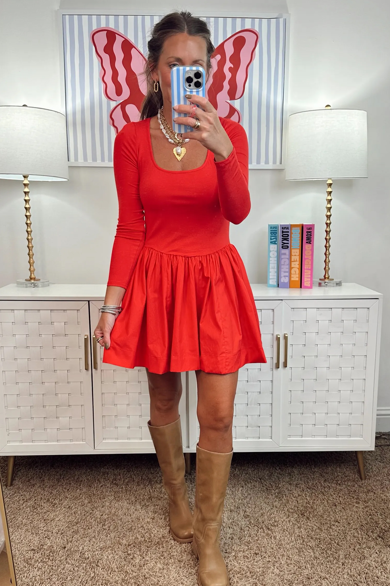 Women's Fit and Flare Dress, Casual U Neck Long Sleeve - Detail View 5