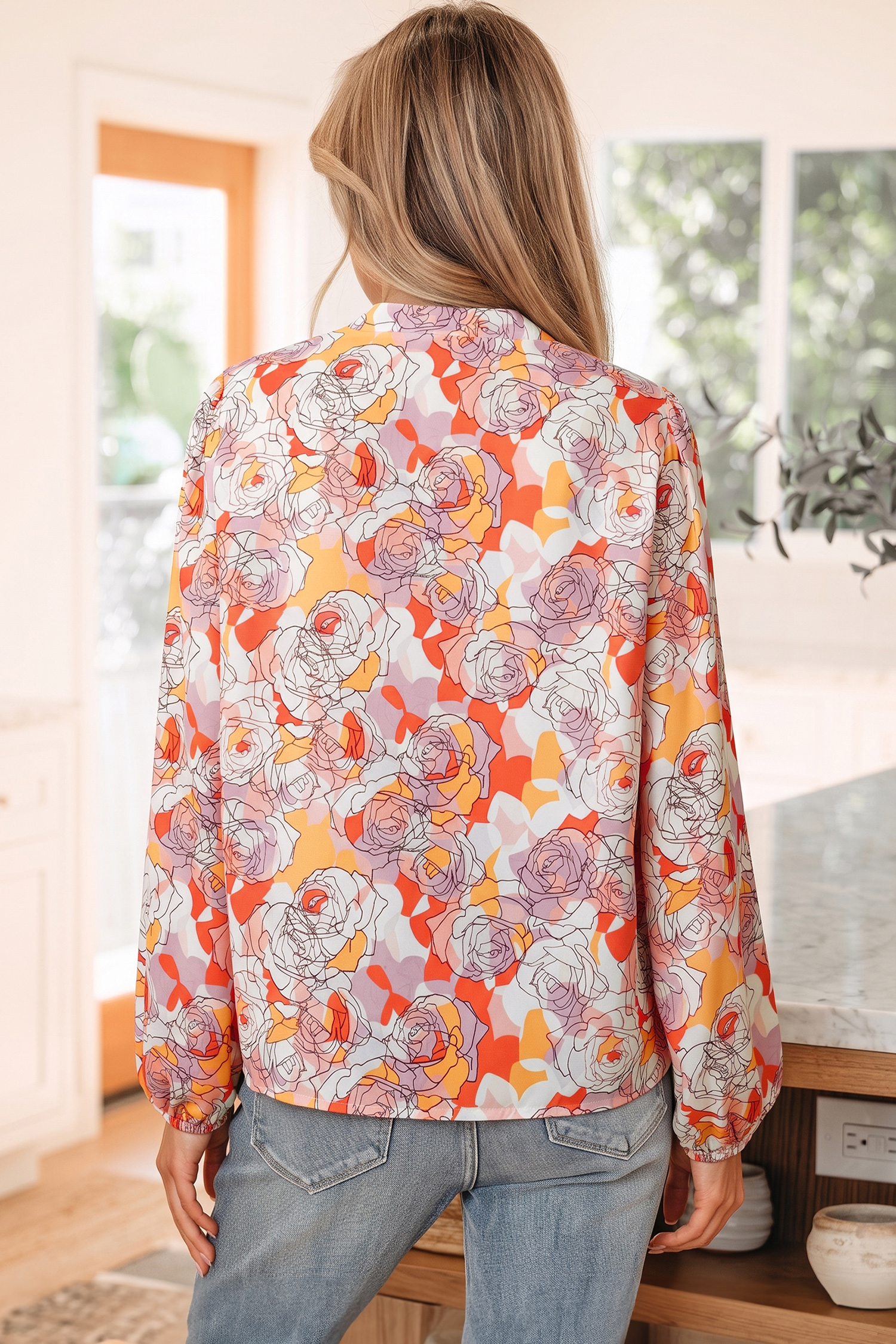 Women's Long Sleeve Shift Blouse, Casual Floral Autumn Top - Detail View 3