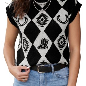 Women's Western Print Sweater, Retro Rhombus Short Sleeve Top - Main View