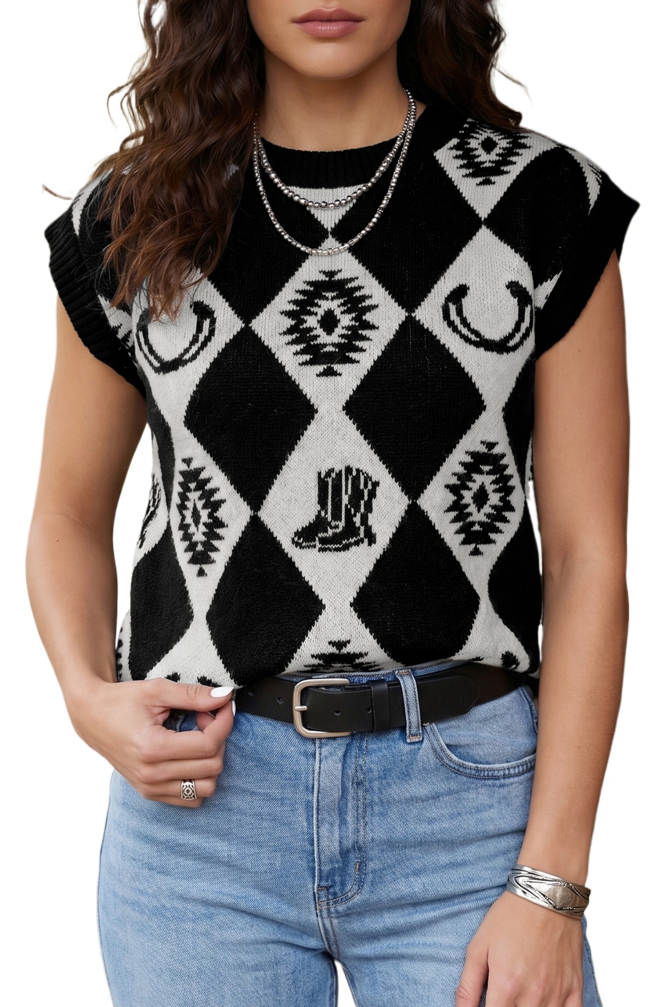 Women's Western Print Sweater, Retro Rhombus Short Sleeve Top - Main View