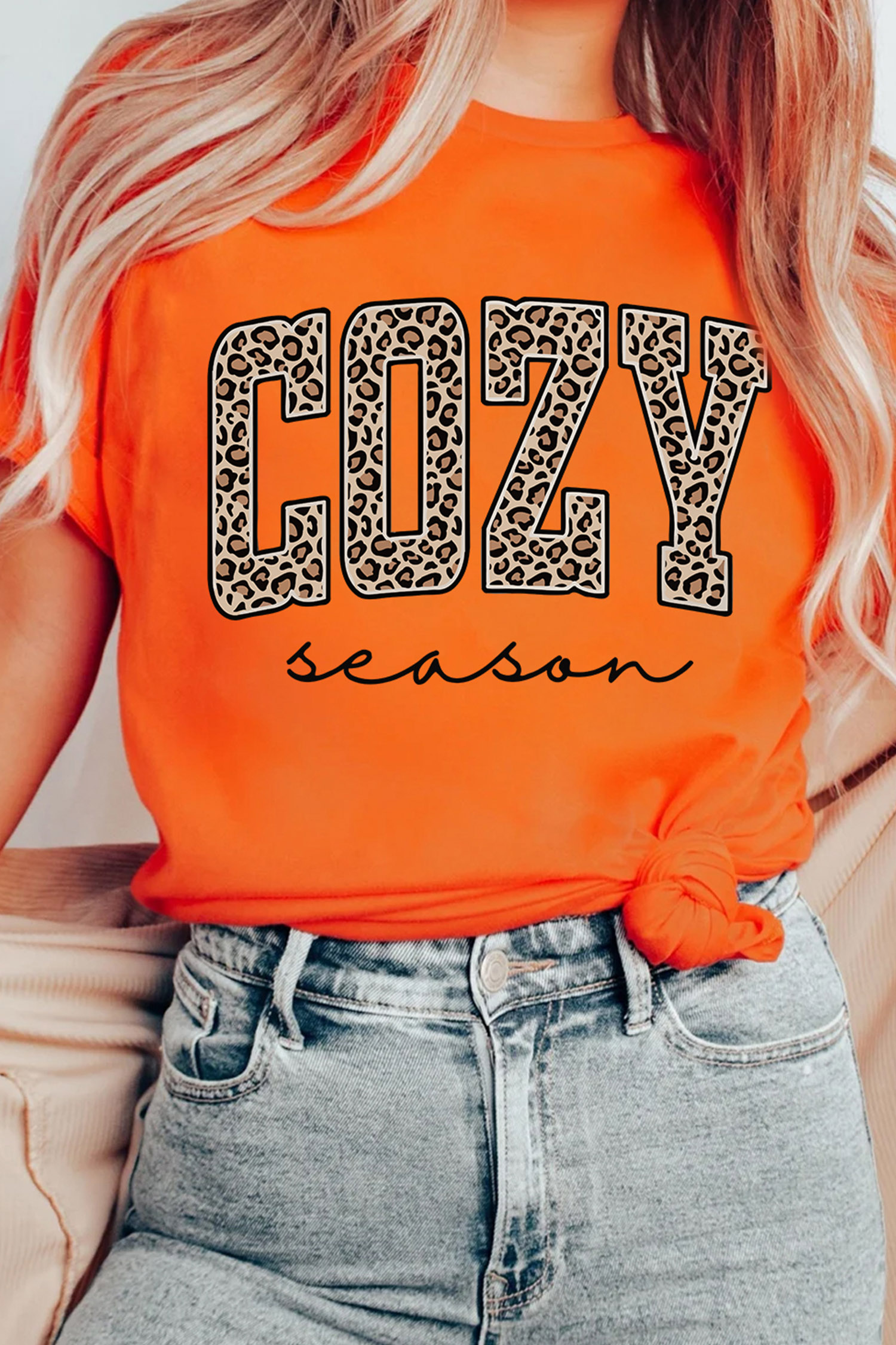 Women's Leopard Graphic Tee, Cozy Season Orange Top - Detail View 2