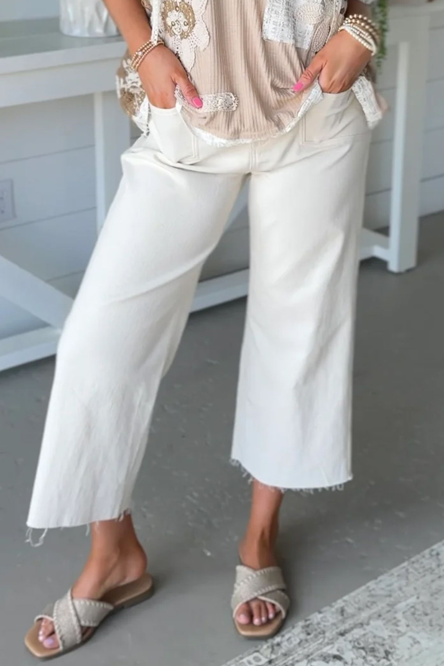 Casual White Ankle Jeans, High Rise Raw Edge Denim Pants - Detail View 5