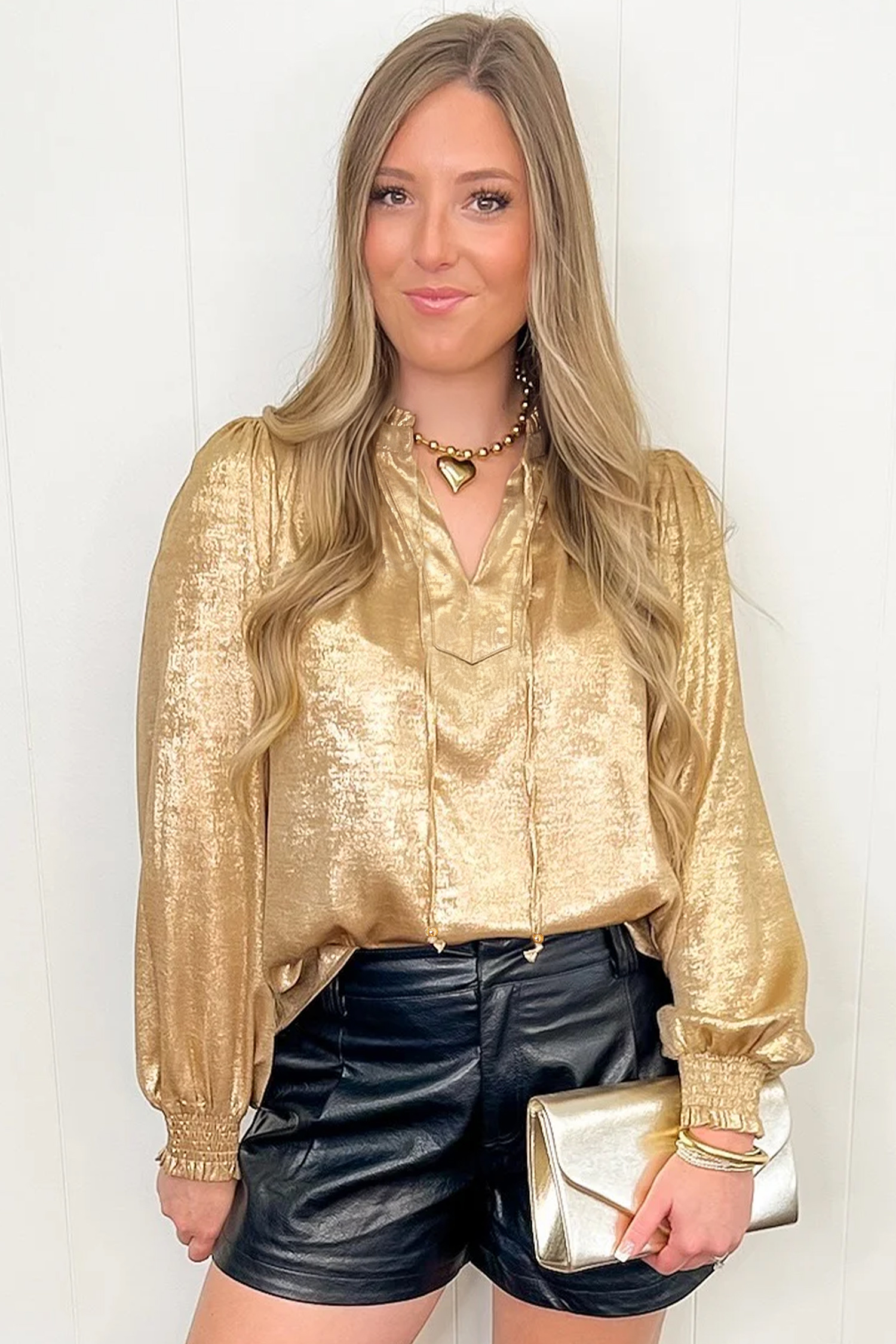 Gold Metallic Blouse, V Neck Casual Women Top - Detail View 7
