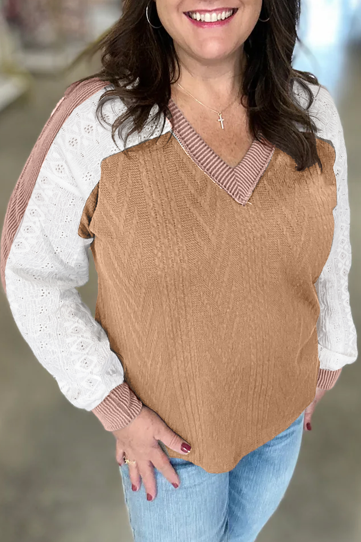 Women's Color Block Knit Top – Casual Autumn V Neck Blouse - Detail View 3