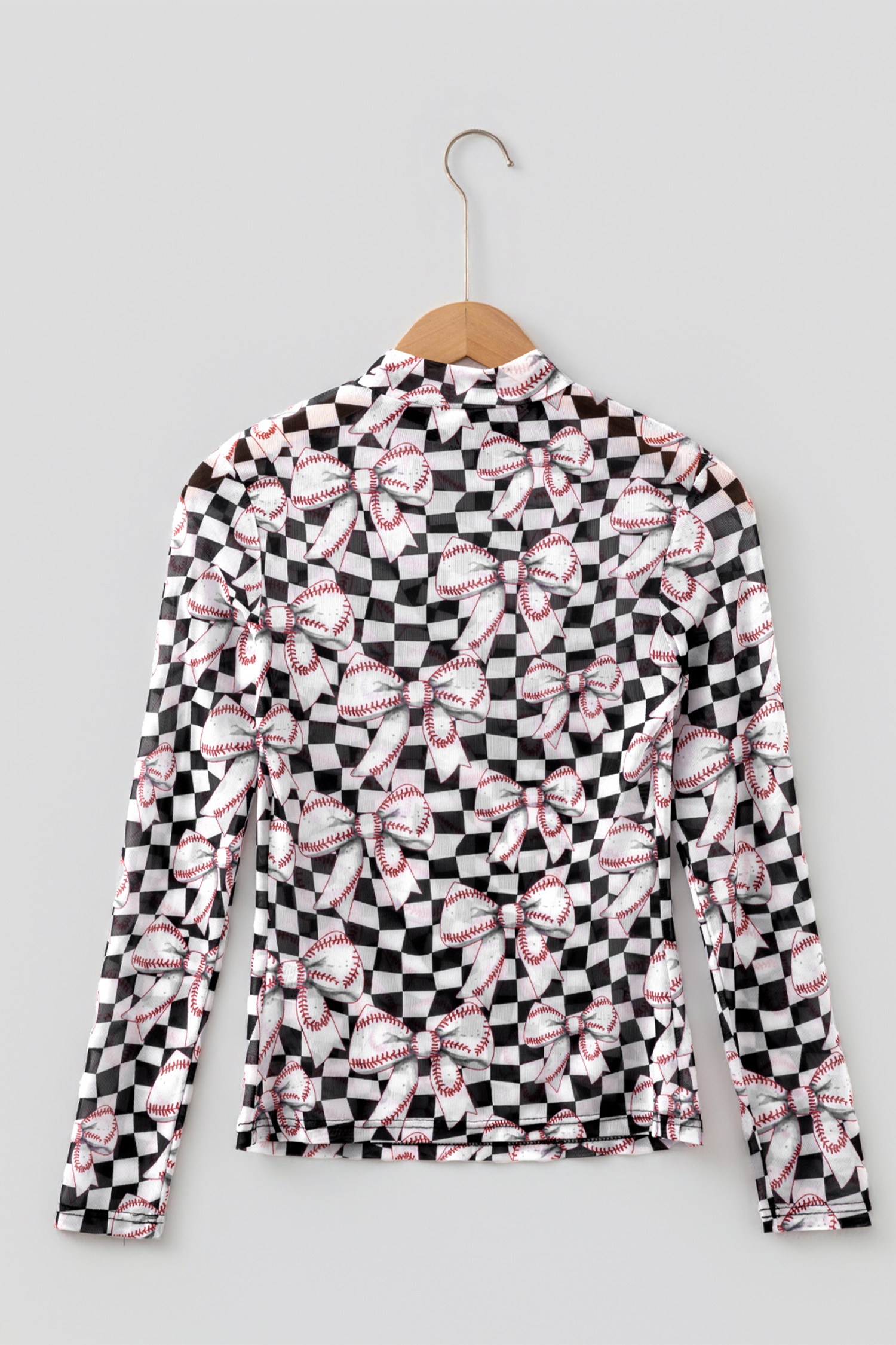 Womens Sheer Mesh Baseball Bow Top, Long Sleeve Stretch Fit - Detail View 3