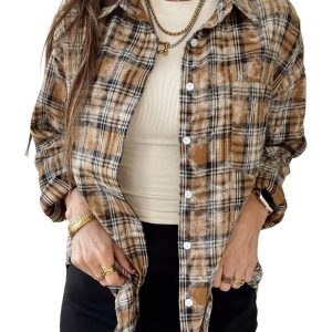 Women's Brown Plaid Shirt, Casual Long Sleeve Button Down - Main View