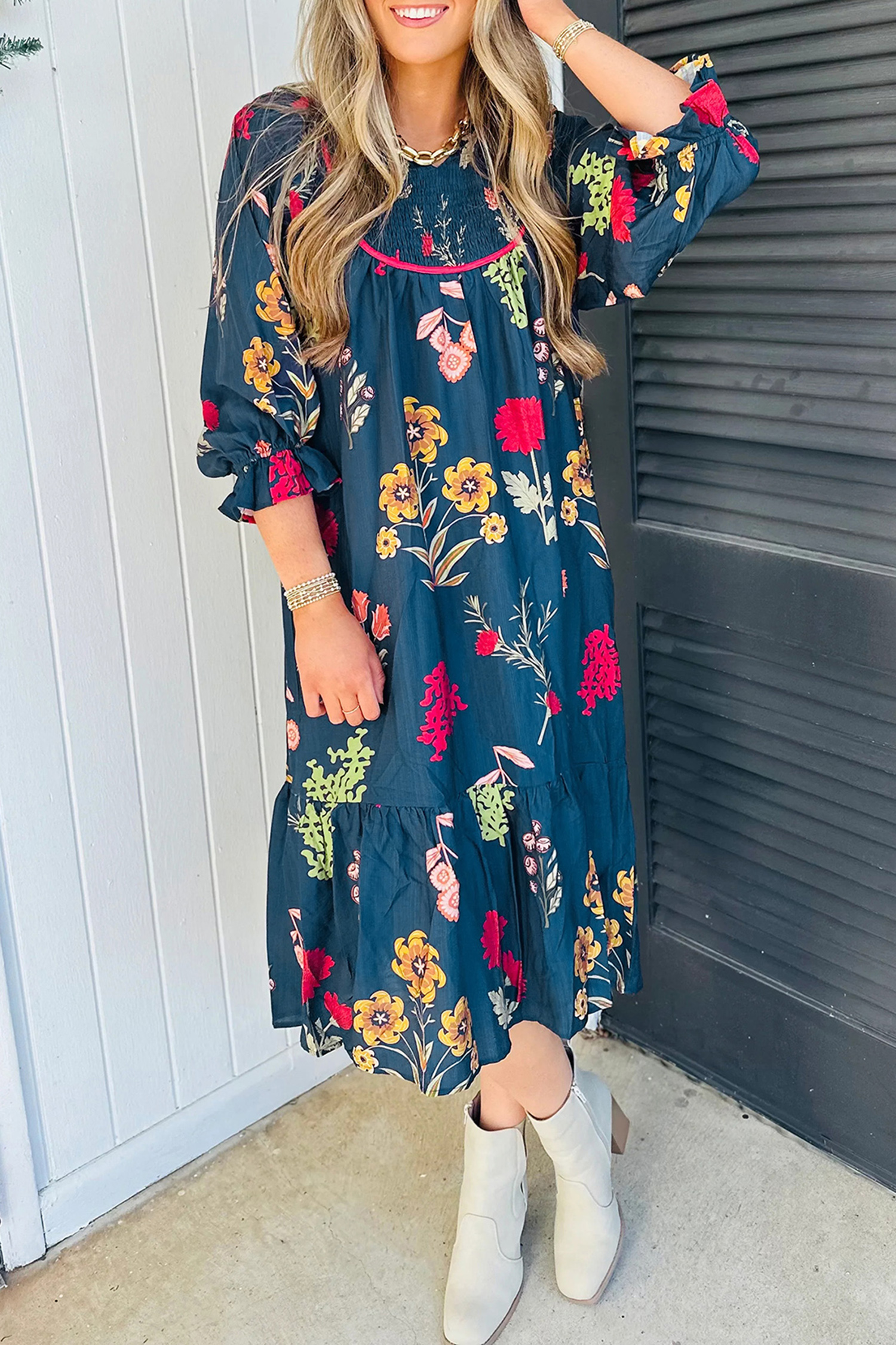 Women's Floral A-Line Midi Dress – Boho Vacation Style - Detail View 3