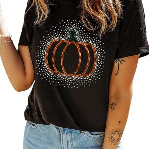 Women's Pumpkin Tee, Casual Rhinestone Graphic Shirt - Main View