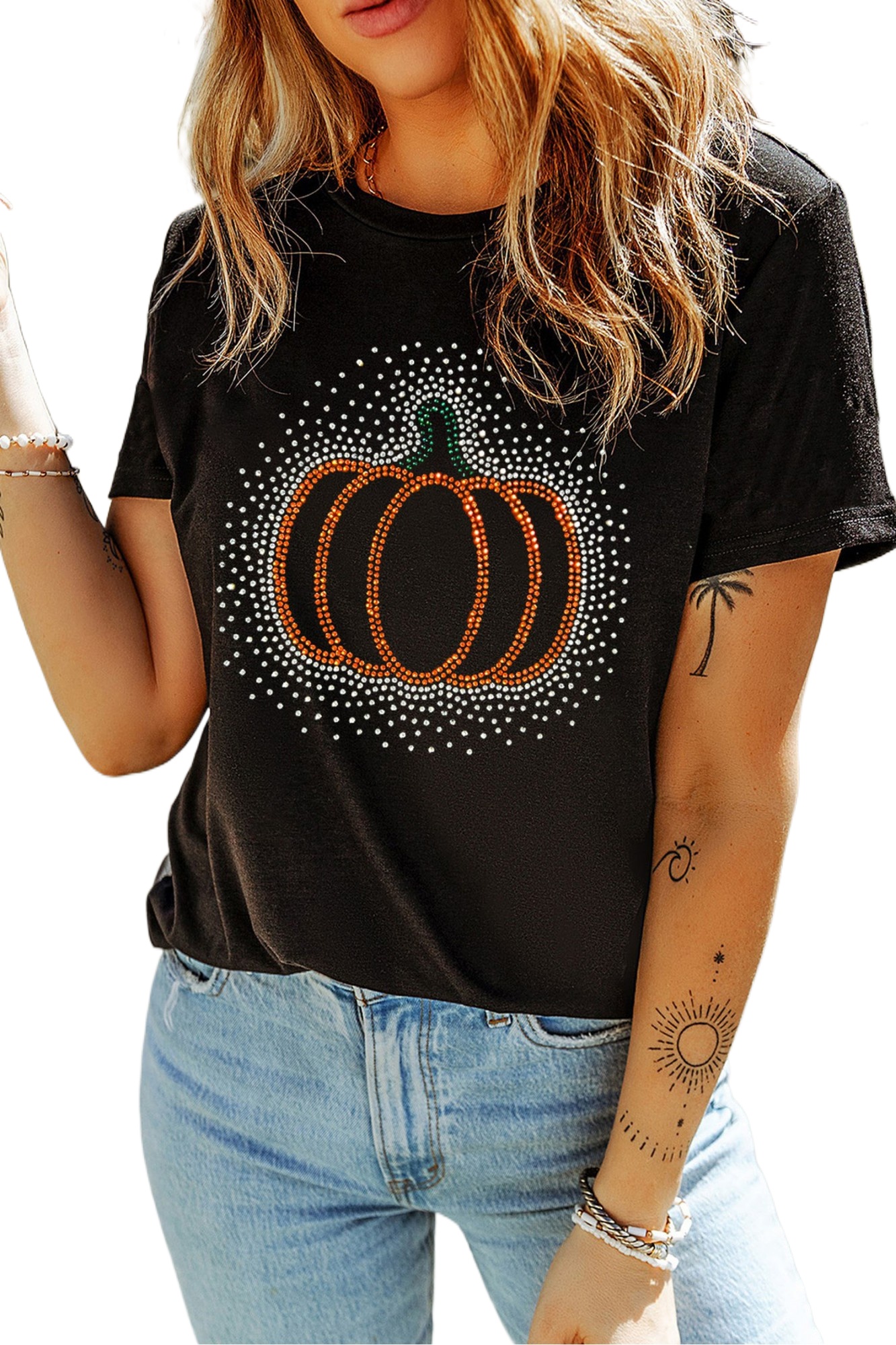 Women's Pumpkin Tee, Casual Rhinestone Graphic Shirt - Main View