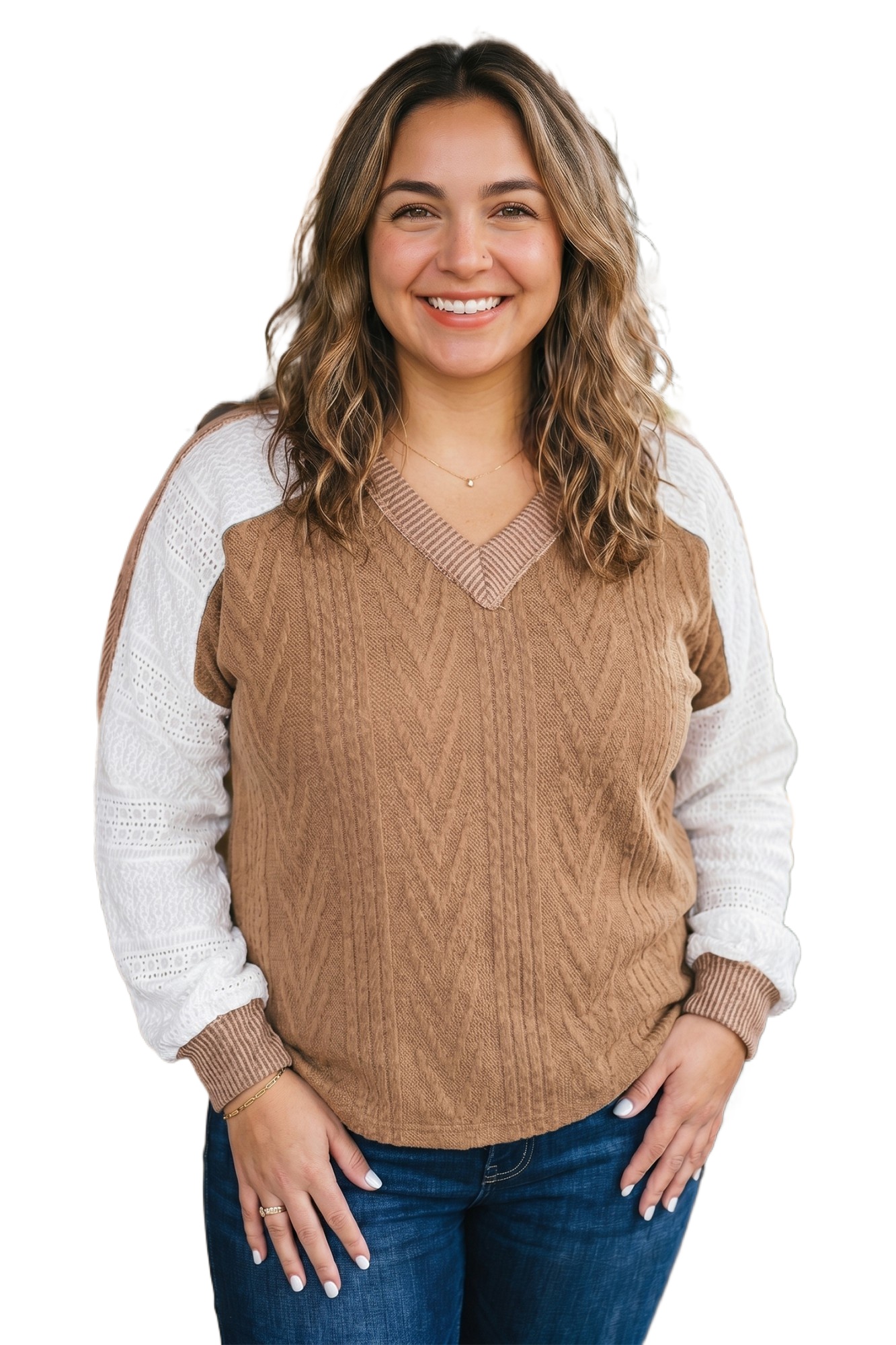 Women's V Neck Lace Long Sleeve Top – Casual Fall Blouse - Main View