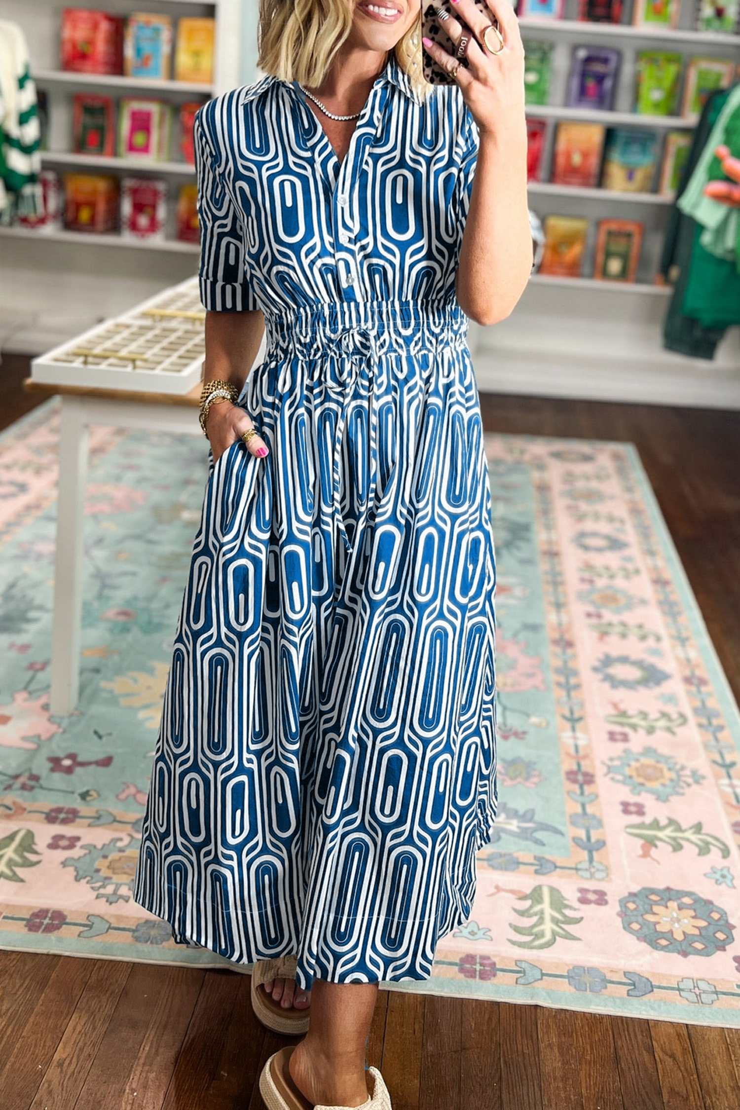 Women's Short Sleeve Collared Summer Dress – Drawstring Midi - Detail View 2
