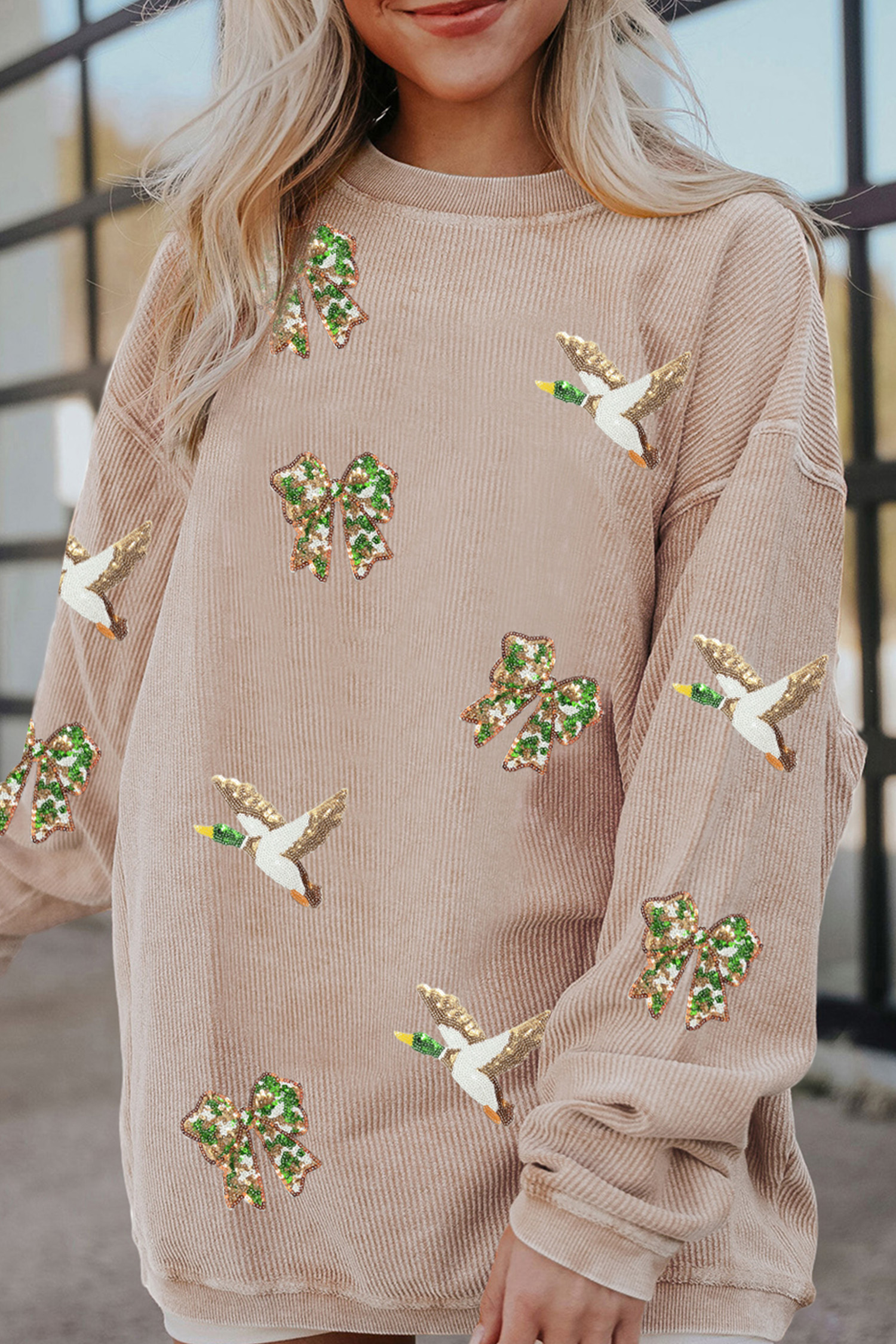 Oversized Women's Sweatshirt, Sequin Mallard Bow Daily - Detail View 7