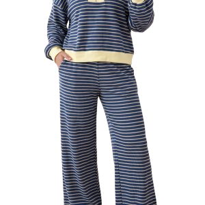 Women's Striped Lounge Set, Zip Neck Pullover And Wide Leg - Main View
