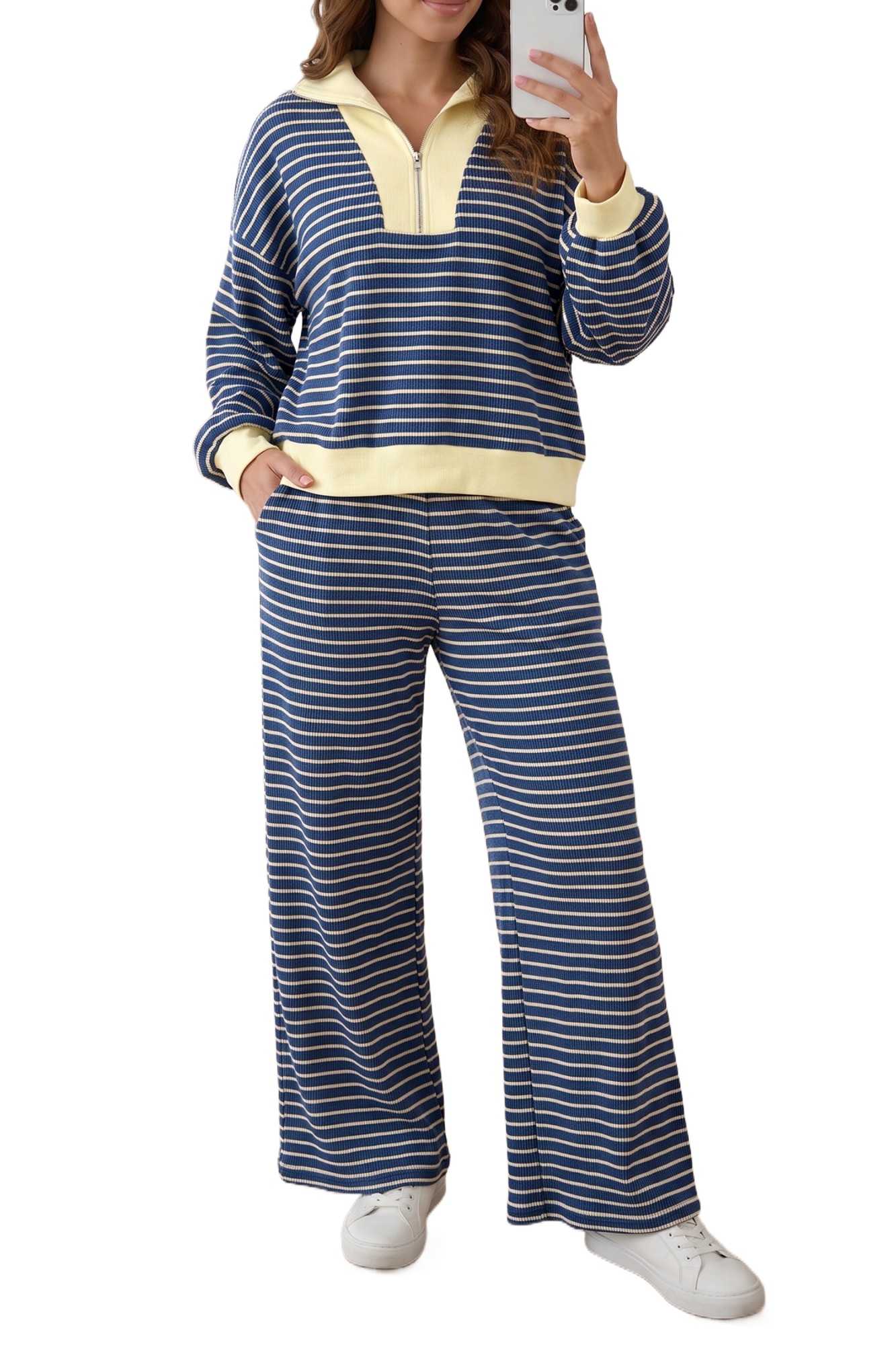 Women's Striped Lounge Set, Zip Neck Pullover And Wide Leg - Main View