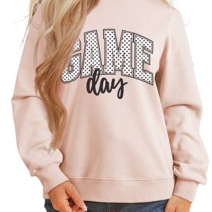 Women's Game Day Sweatshirt, Apricot Pink Mock Neck Graphic - Main View