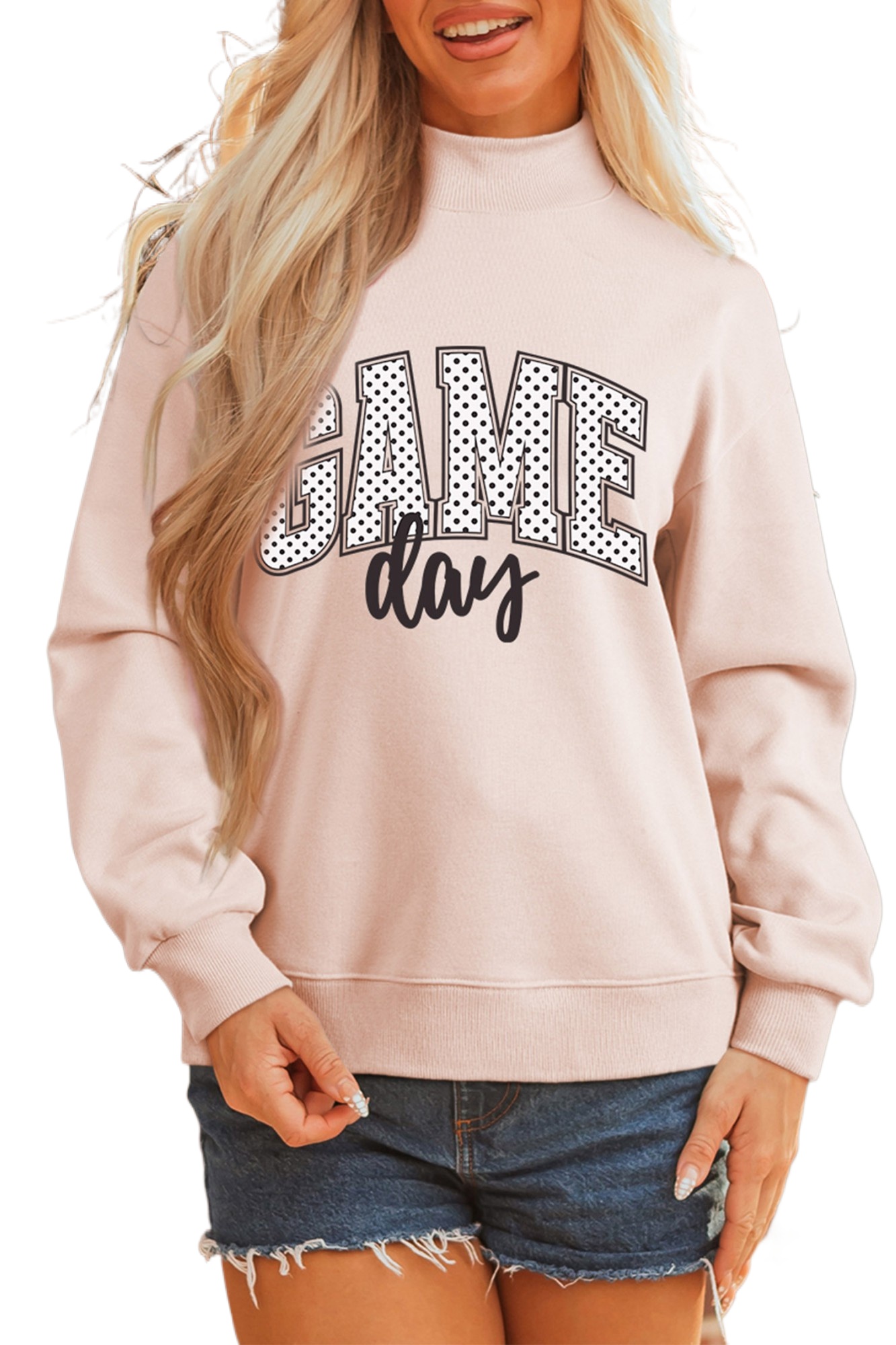 Women's Game Day Sweatshirt, Apricot Pink Mock Neck Graphic - Main View
