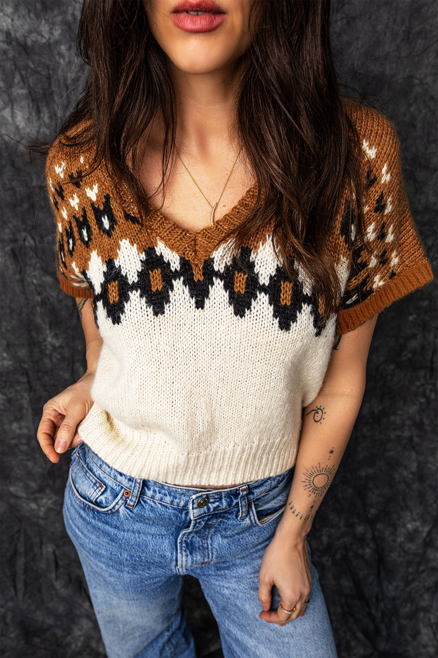 Women's Western Geometric Knit Tee, Brown V Neck Top - Detail View 5