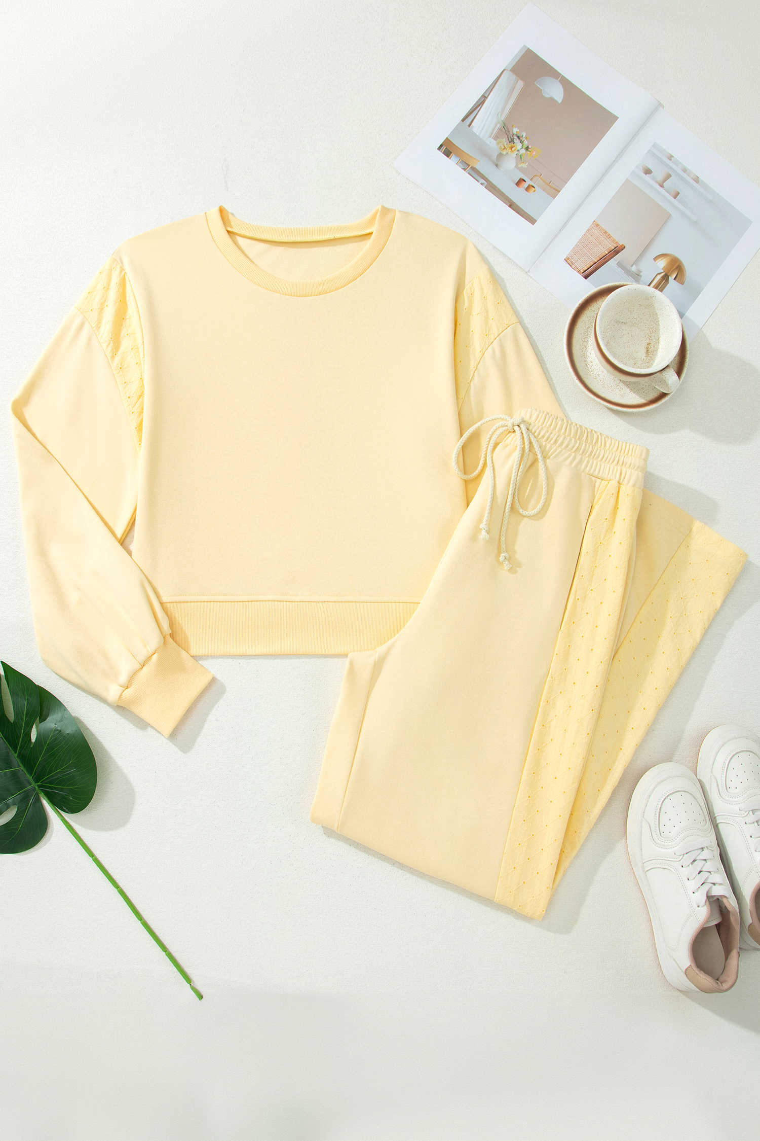 Women's Vanilla Yellow Eyelet Lace 2-Piece Lounge Set - Detail View 2