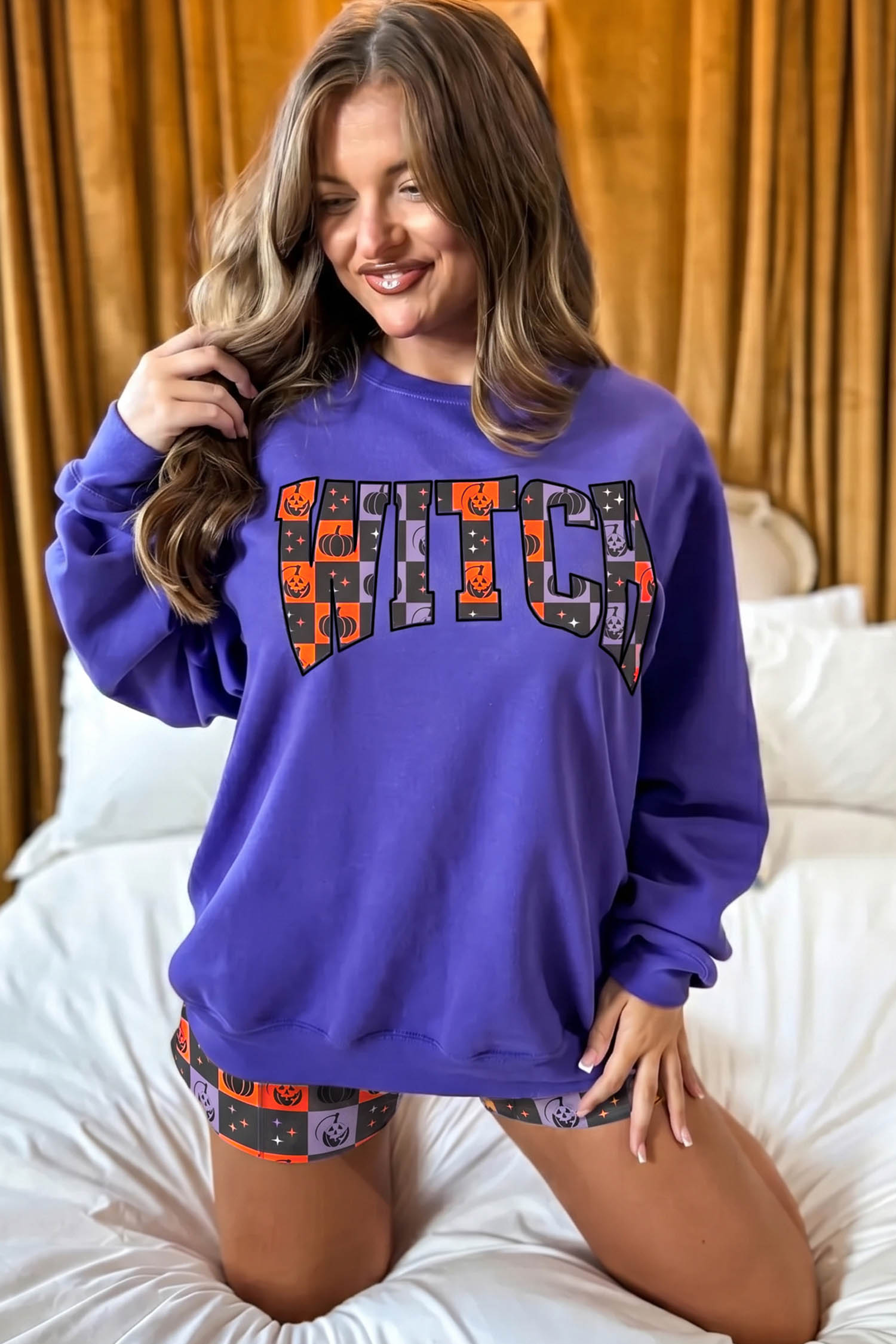 Women's Witch Letter Print Set, Checkered Halloween Shorts - Detail View 8